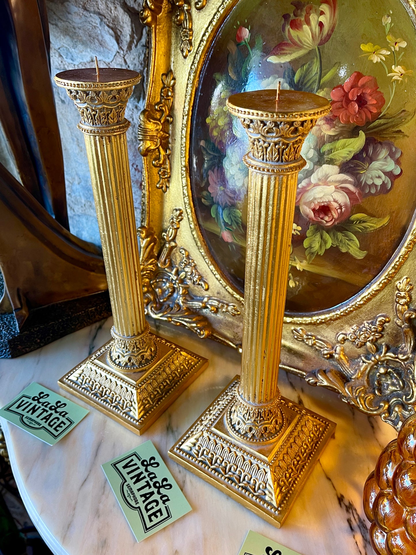 Pair of Ornate Column Candle Holders – Painted Gold