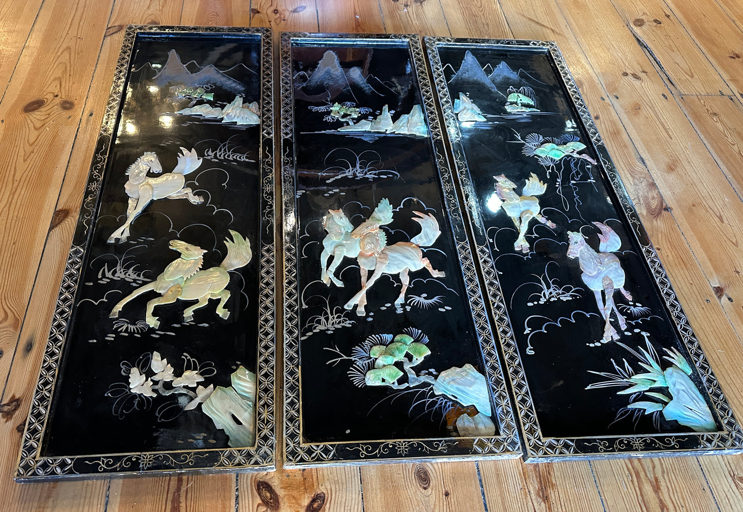 Vintage Asian Black Lacquer & Mother of Pearl Wall Panels - Set of 3