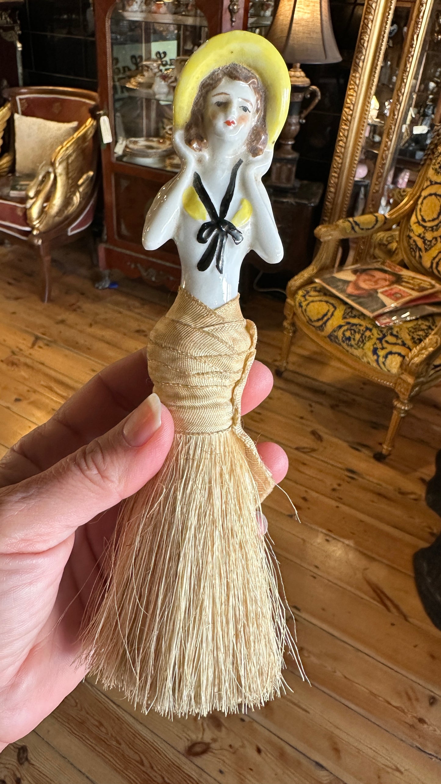 Vintage Japanese porcelain half-doll vanity or clothes brush, 1920-30s