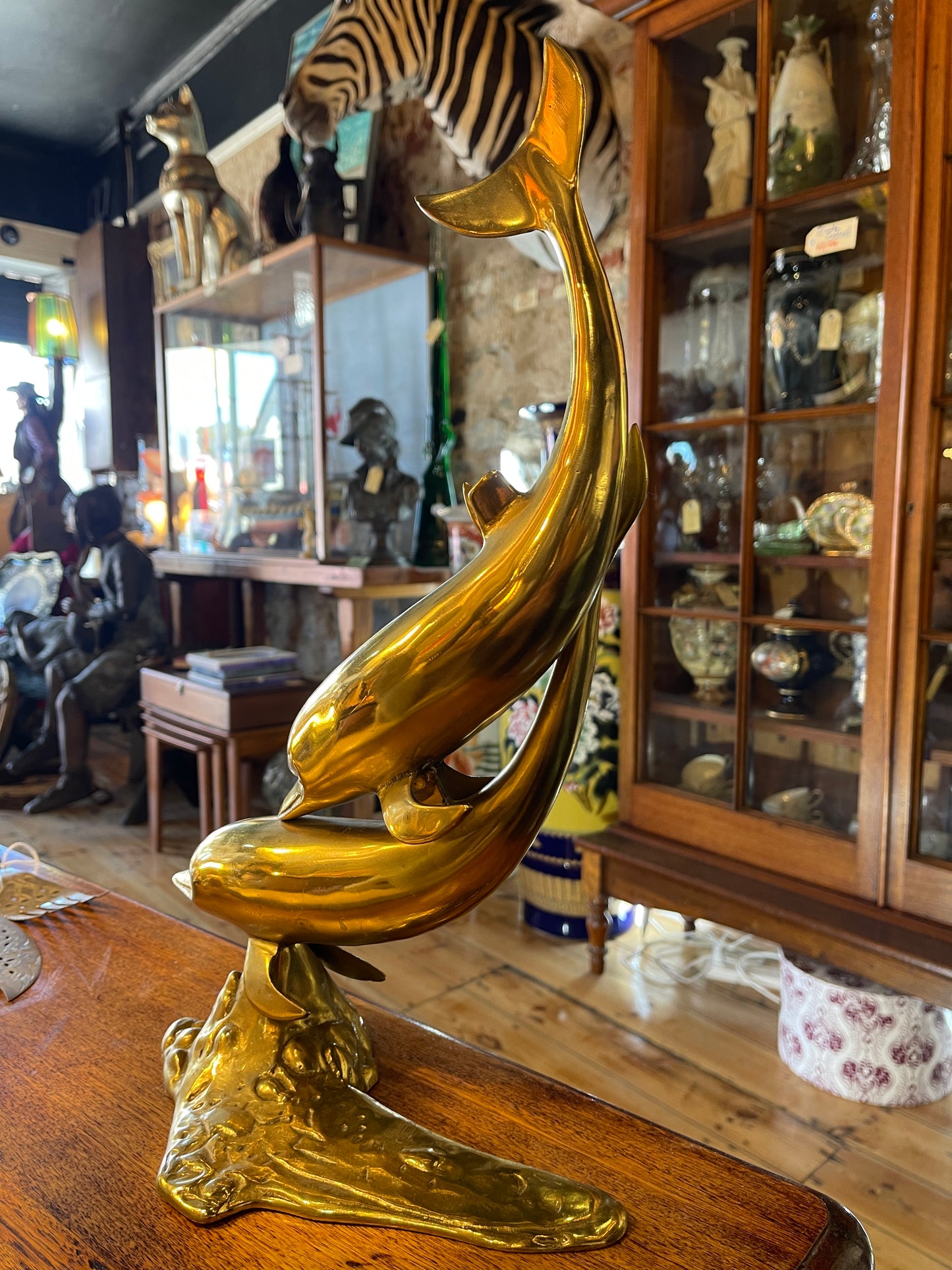 Elegant Polished Brass Dolphin Sculpture – 44cm High