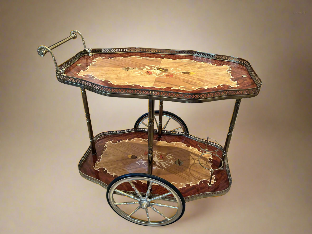 Hollywood Regency Italian Marquetry Inlayed Cocktail Bar /Tea Cart