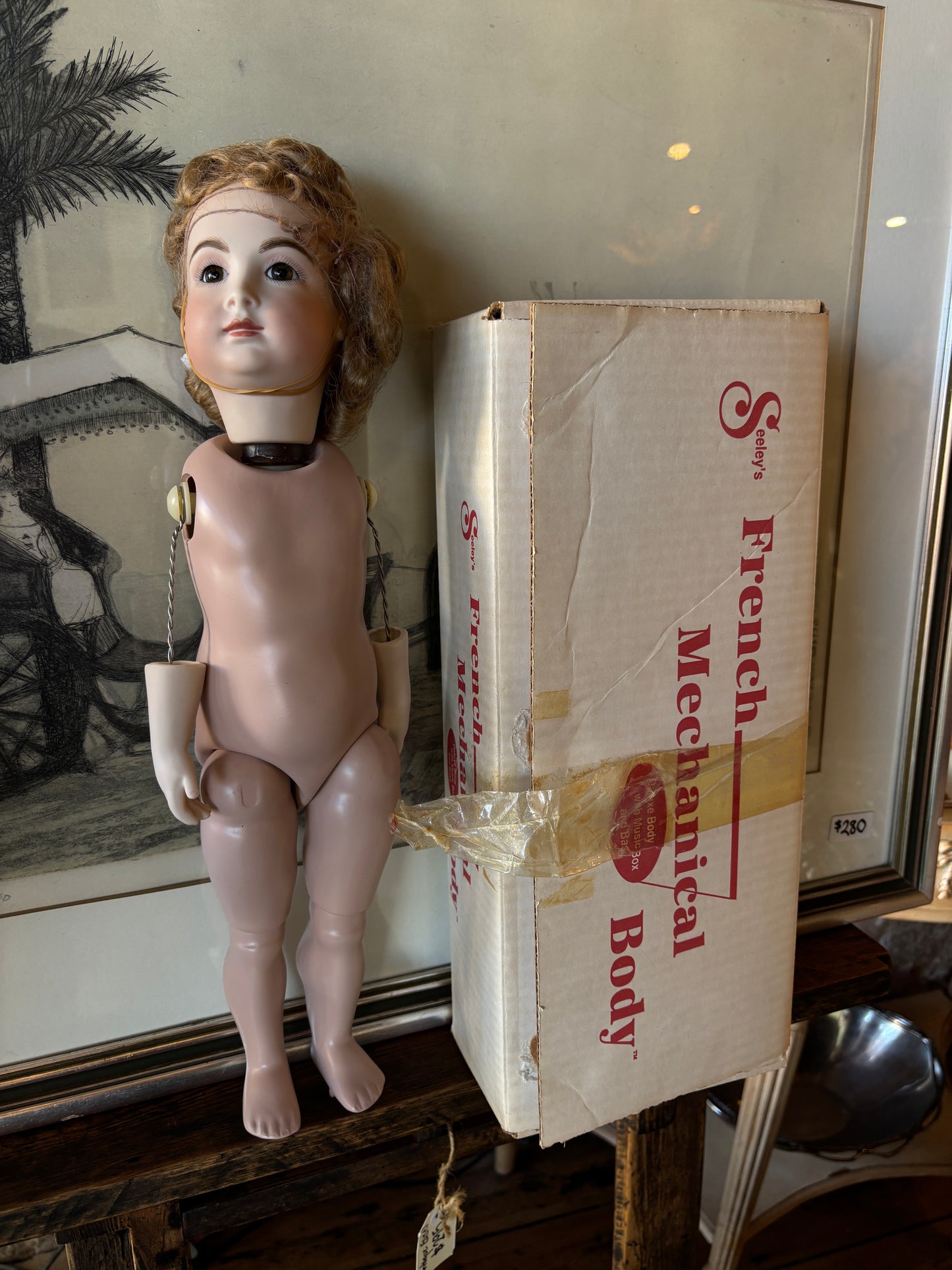 Vintage Seeley’s French Mechanical Doll Body with Porcelain Head & Original Box – Sleeping Beauty Waltz Music Box