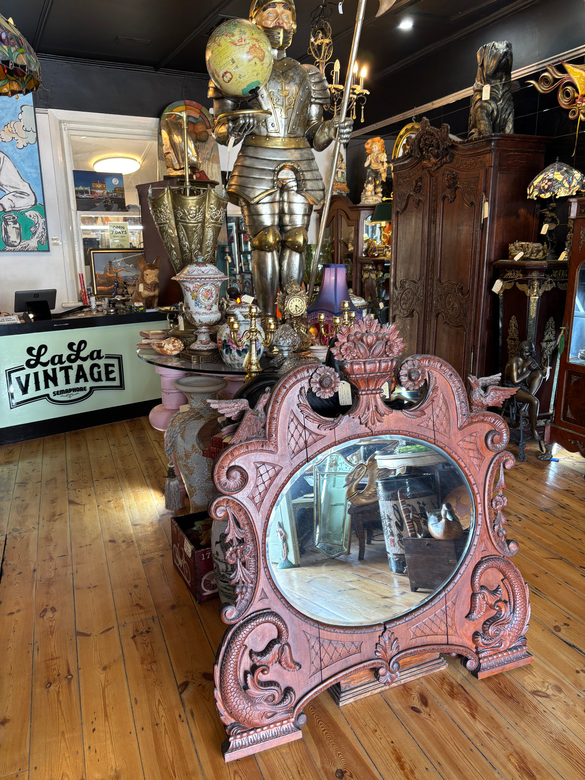Antique Hand Carved Bird Mirror with Fish | Continental Baroque Revival c.1900 | 124cm