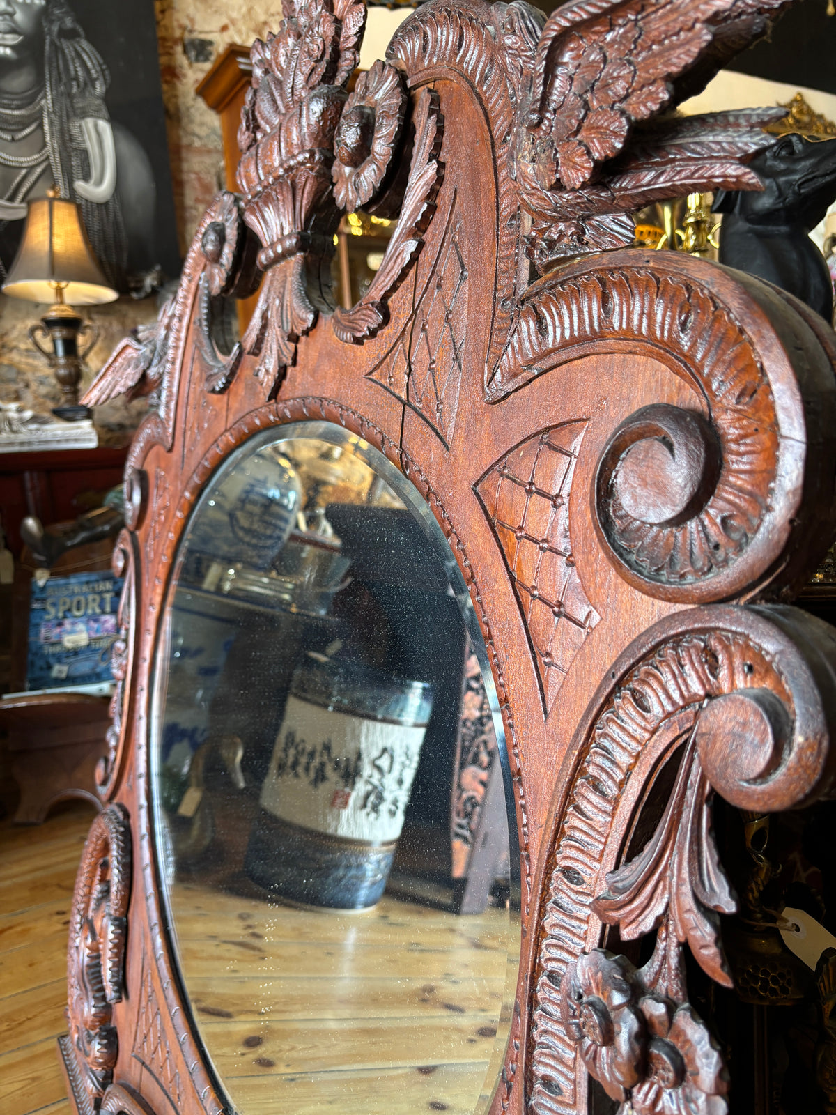Antique Hand Carved Bird Mirror with Fish | Continental Baroque Revival c.1900 | 124cm