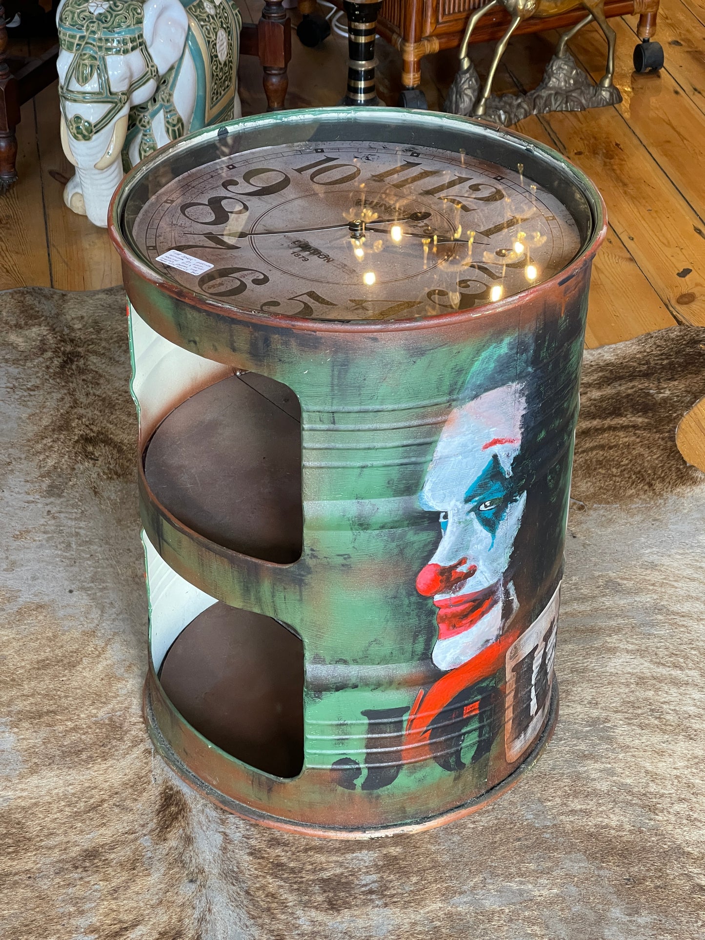 ‘The Joker’ Original Artwork Barrel Side Table with Glass Clock Top