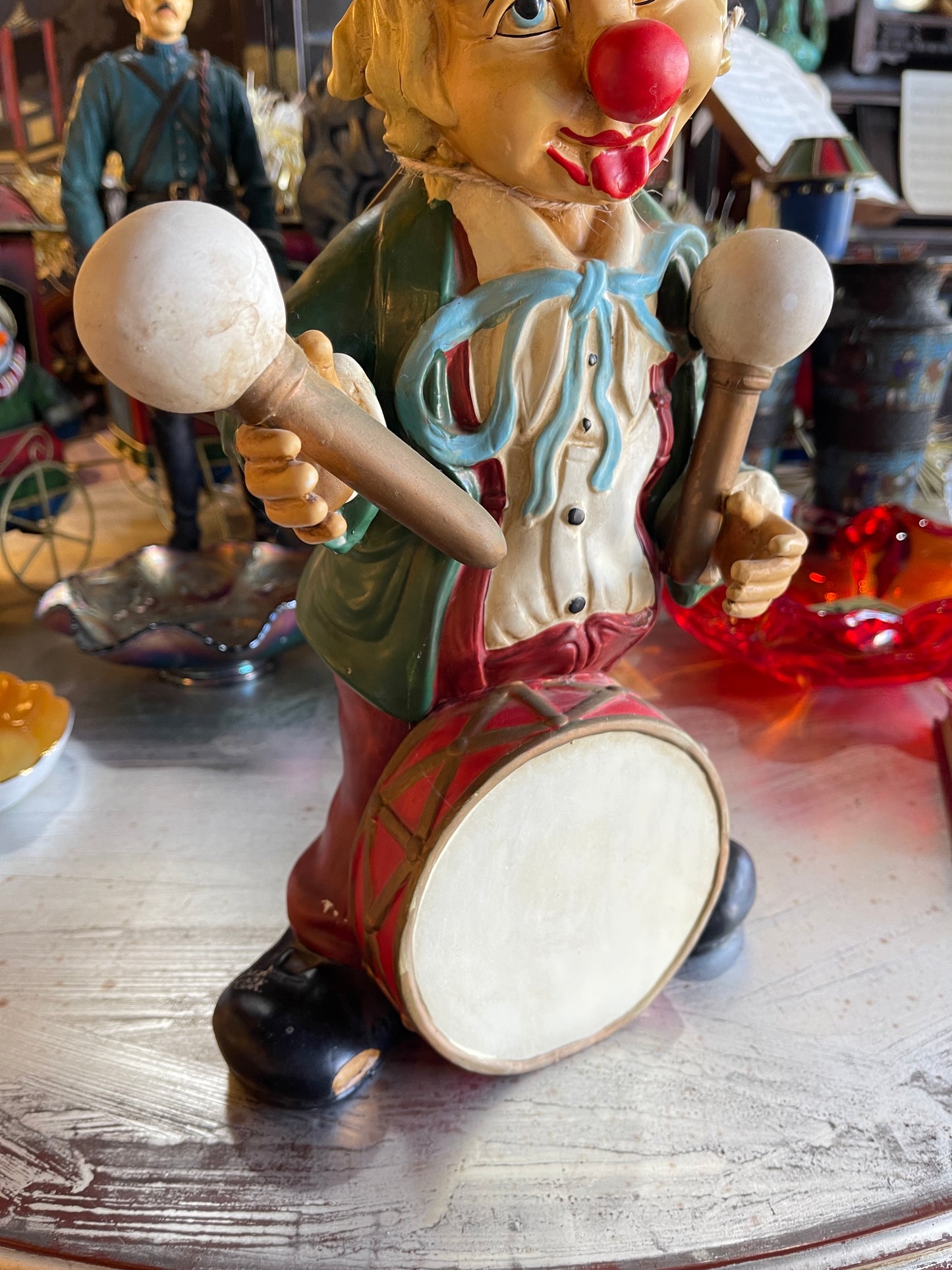 Large Vintage Clown Figurine with Drum and Mallets