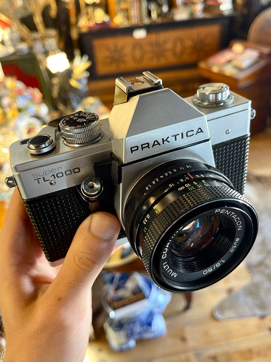 Pristine Praktica Super TL1000 SLR Film Camera with Pentacon 50mm f/1.8 Lens & Leather Case