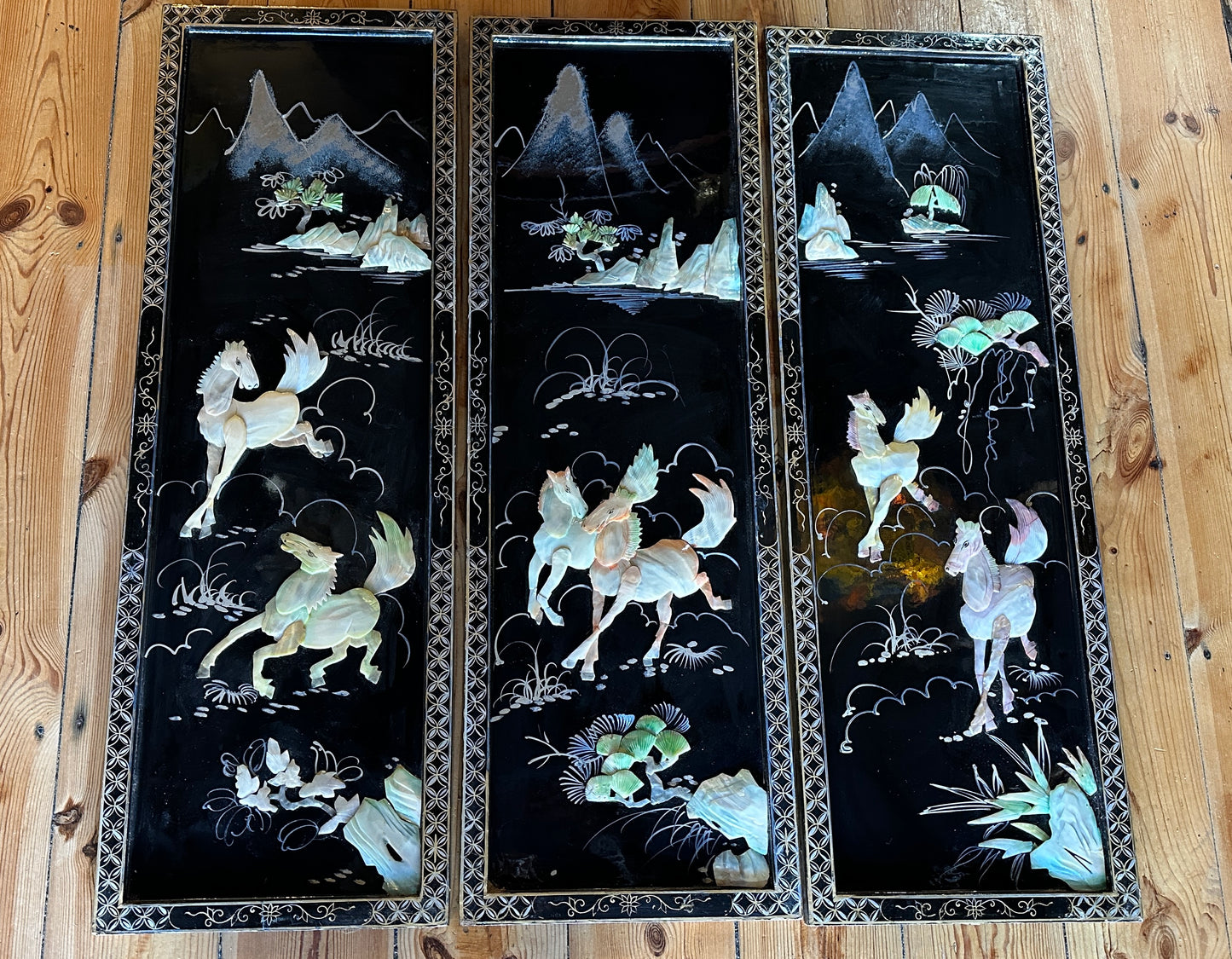 Vintage Asian Black Lacquer & Mother of Pearl Wall Panels - Set of 3