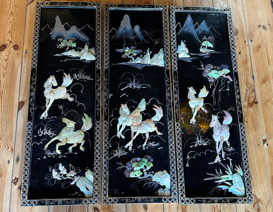 Vintage Asian Black Lacquer & Mother of Pearl Wall Panels - Set of 3
