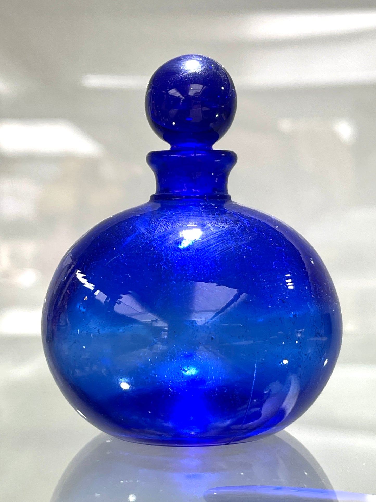 Vintage Bristol Blue Glass Circular Perfume Bottle with Stopper