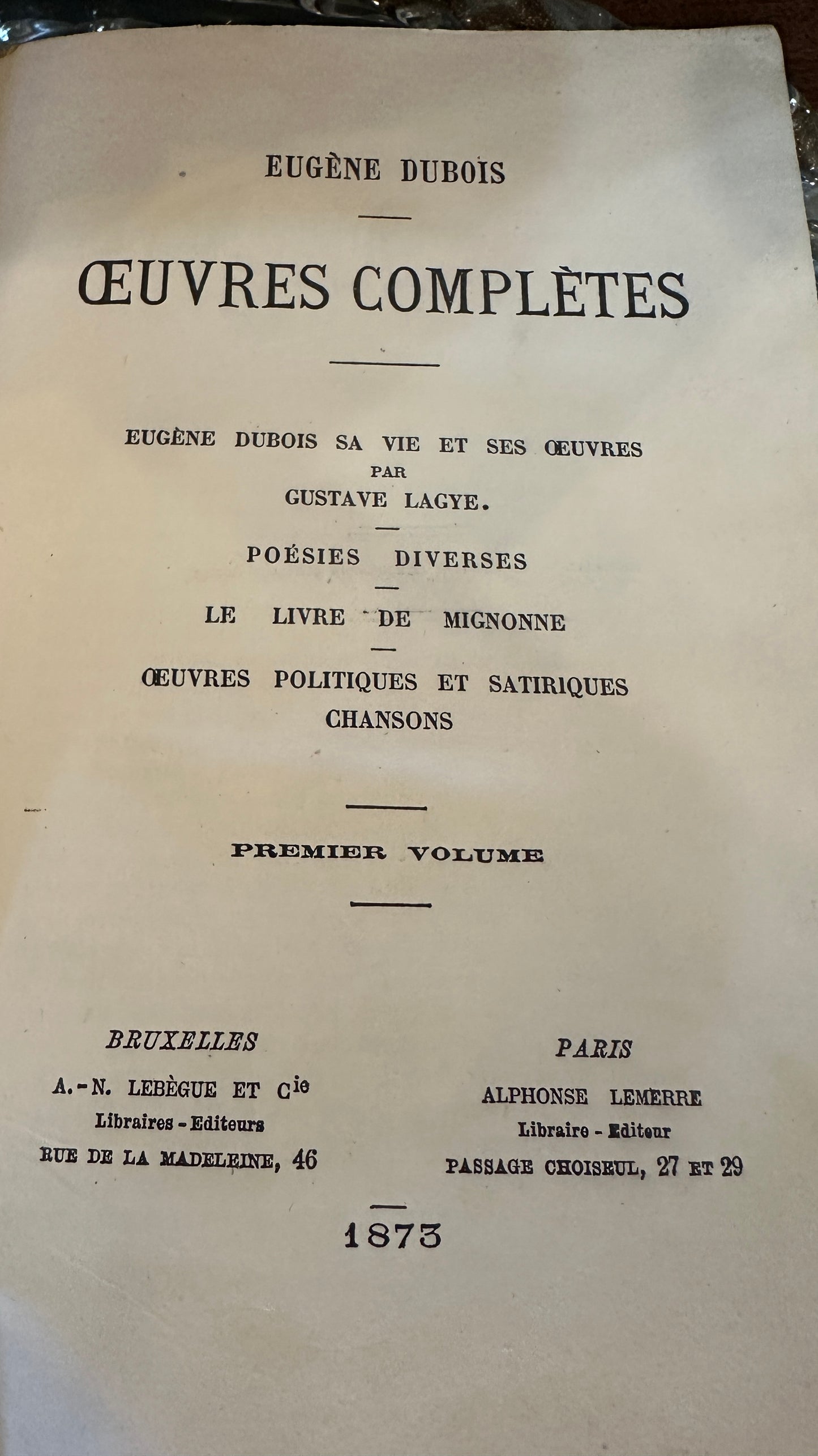 Antique (1873) French Poetry of Eugène Dubois' - Oeuvres Complètes, published by Lebègue