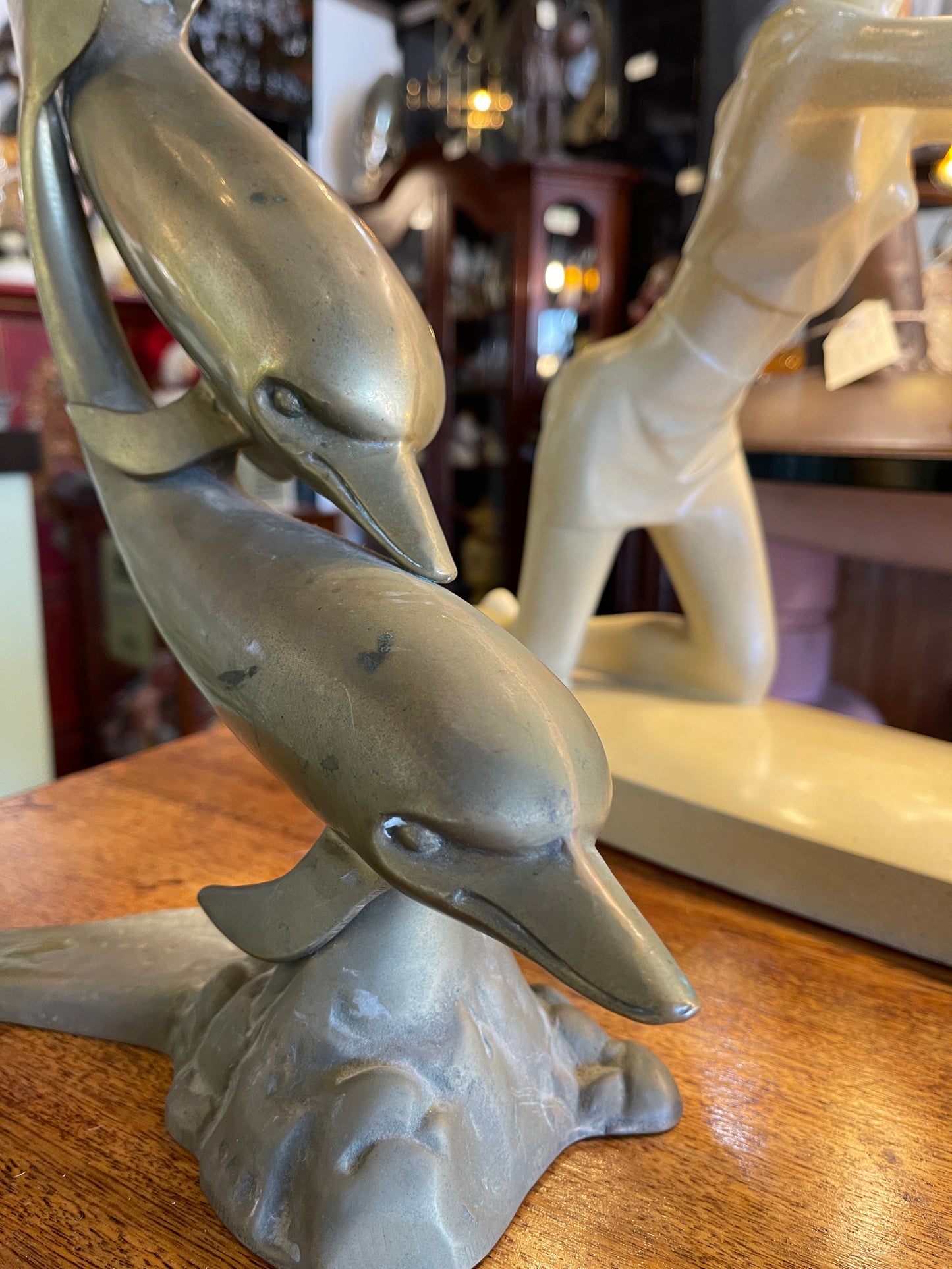 Aged Brass Dolphin Sculpture – 44cm High