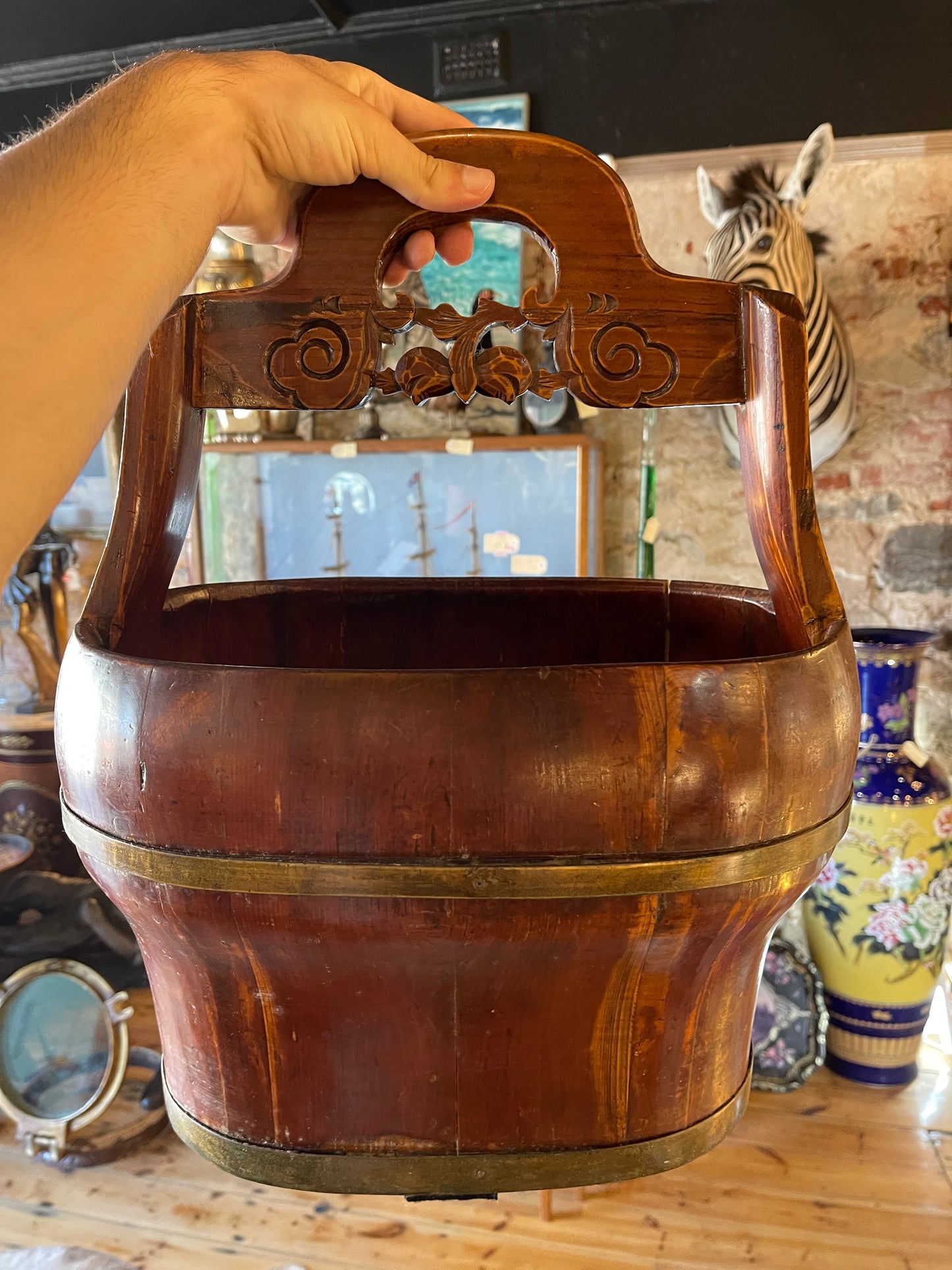 Antique Chinese Wooden Well Bucket with Brass Accents - Rustic Decor