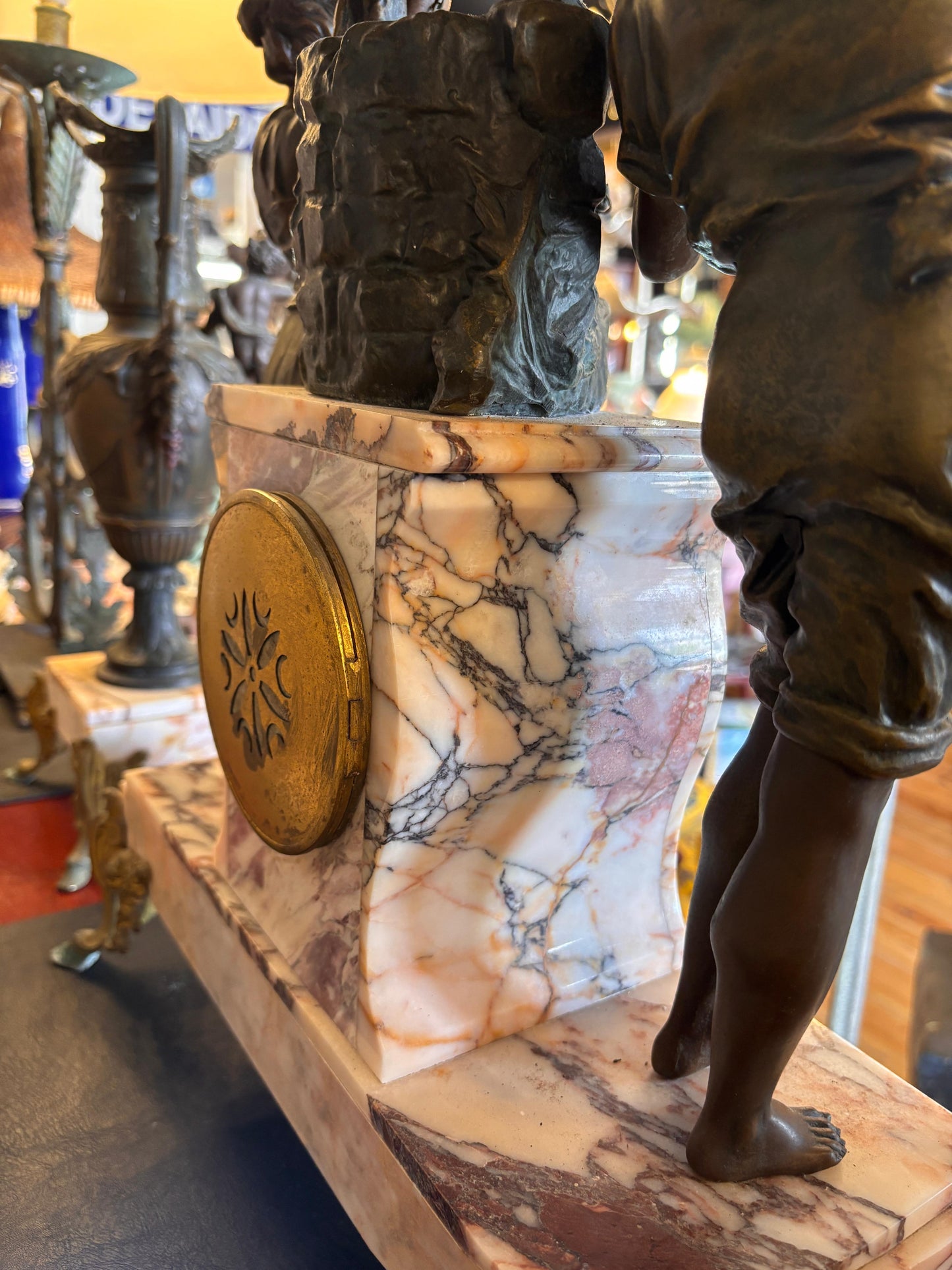 French Antique Marble Figural Clock Garniture – “Rencontre au Puits” by E. Groleau c.1890 – SCAPH Cluses Movement (Not Running)