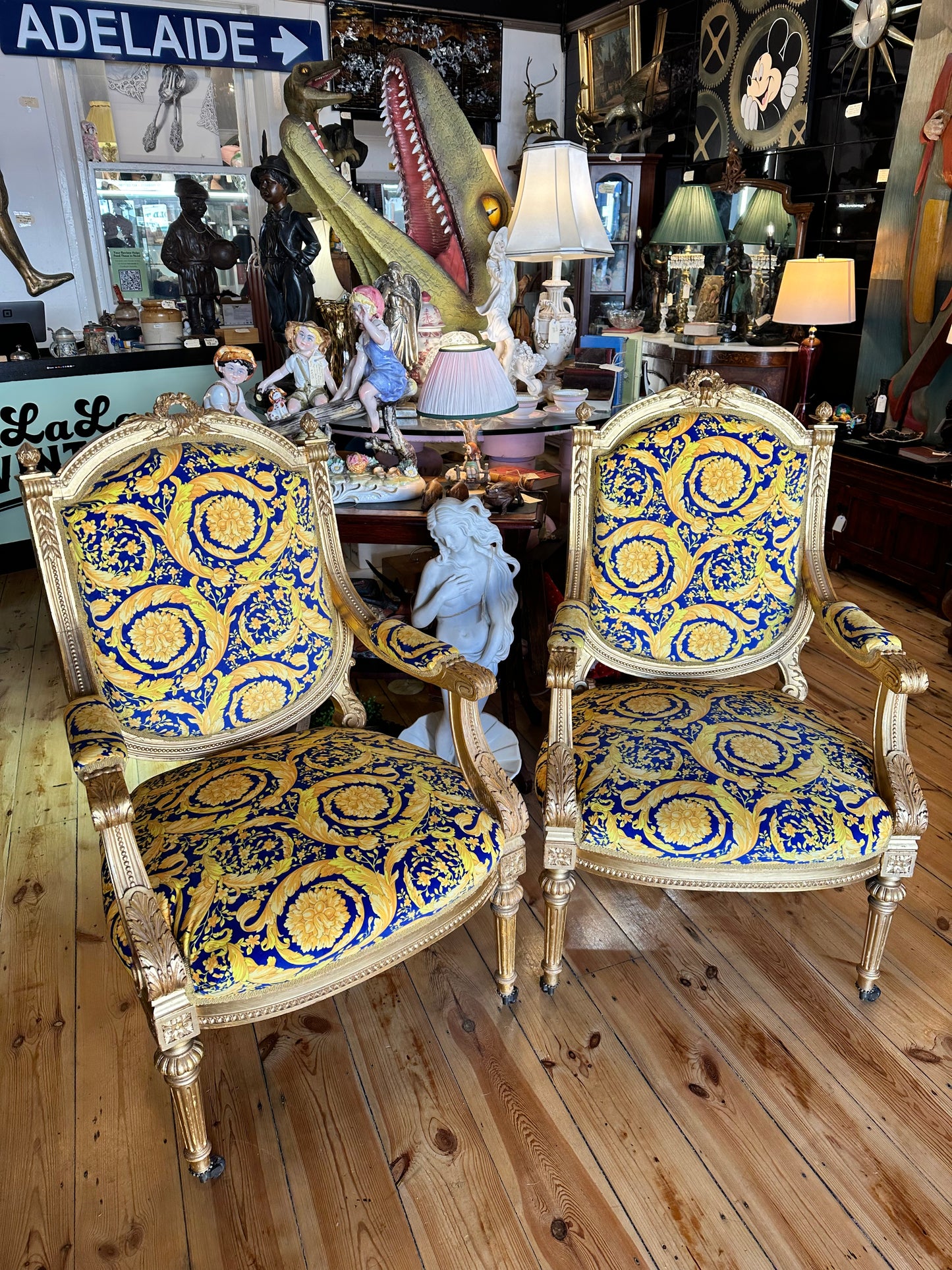 Louis XVI Carved Gilt Framed Armchairs Upholstered with Versace Fabric - Sold Separately