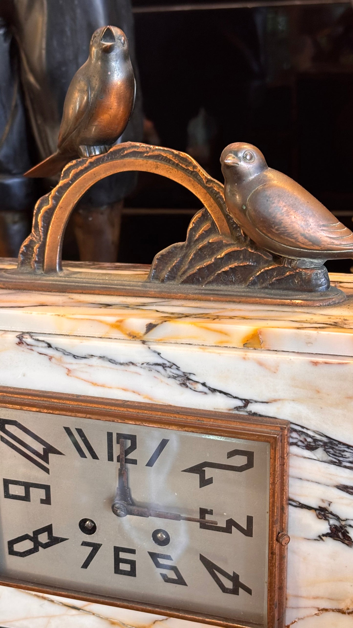 1930s French Art Deco Marble Clock Garniture Set with Patinated Bird Sculptures