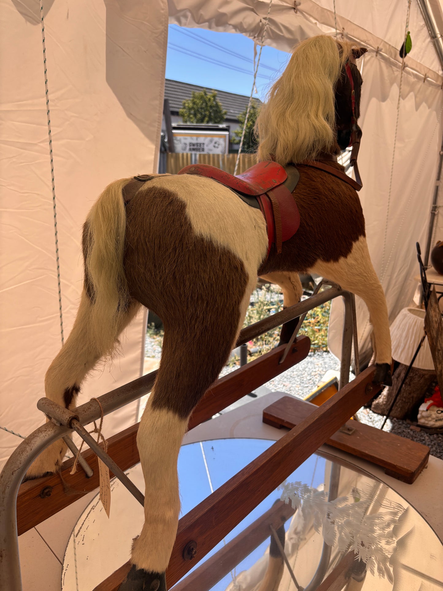 Vintage Rocking Horse with Real Horsehair Hide & Leather Saddle | c.1940s–1960s