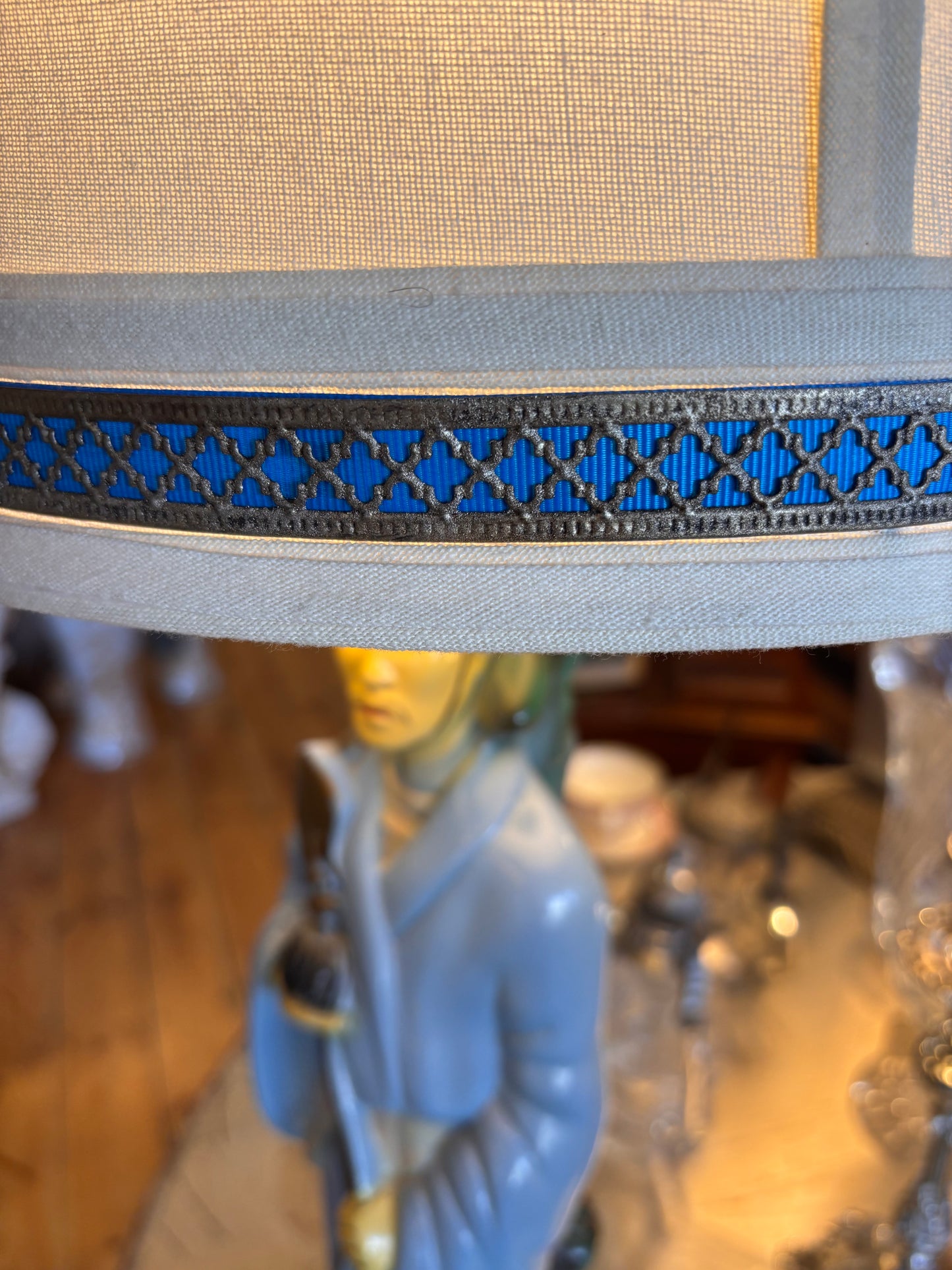 Mid-Century Asian Figural Lamp with Custom Blue Shade – 1950s Orientalist Decor (80cm)