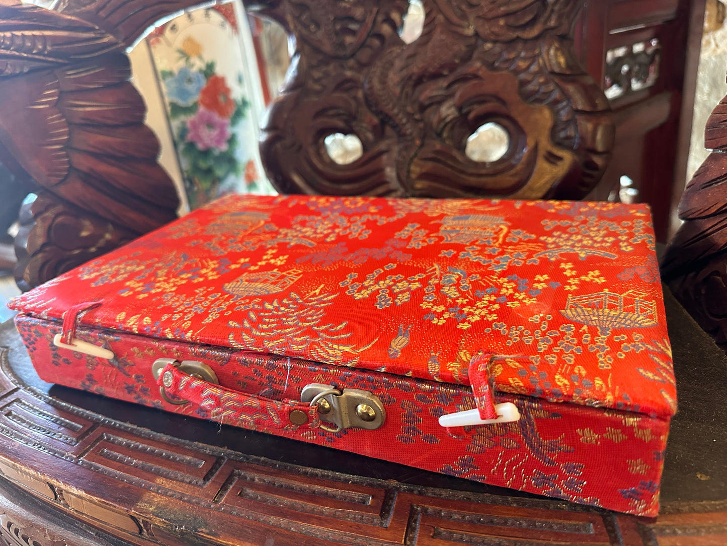 Vintage Mahjong set, including red brocade silk case and "Standard Rules" booklet
