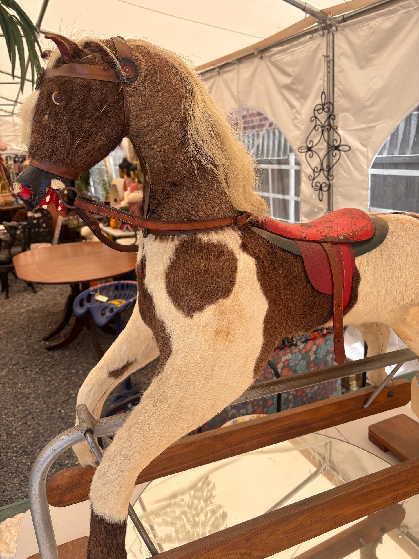 Vintage Rocking Horse with Real Horsehair Hide & Leather Saddle | c.1940s–1960s