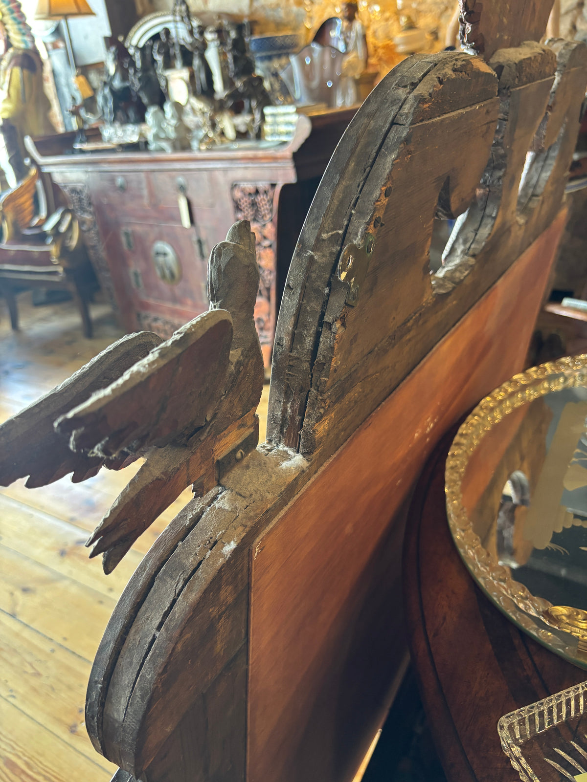 Antique Hand Carved Bird Mirror with Fish | Continental Baroque Revival c.1900 | 124cm