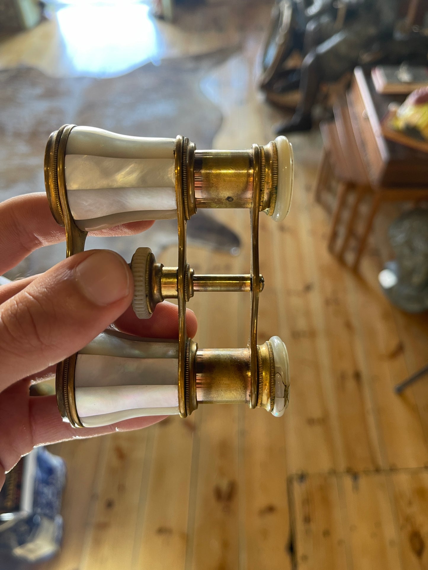 Antique Brass & Mother of Pearl Opera Glasses Binoculars with Velvet Purse - Circa 1890s