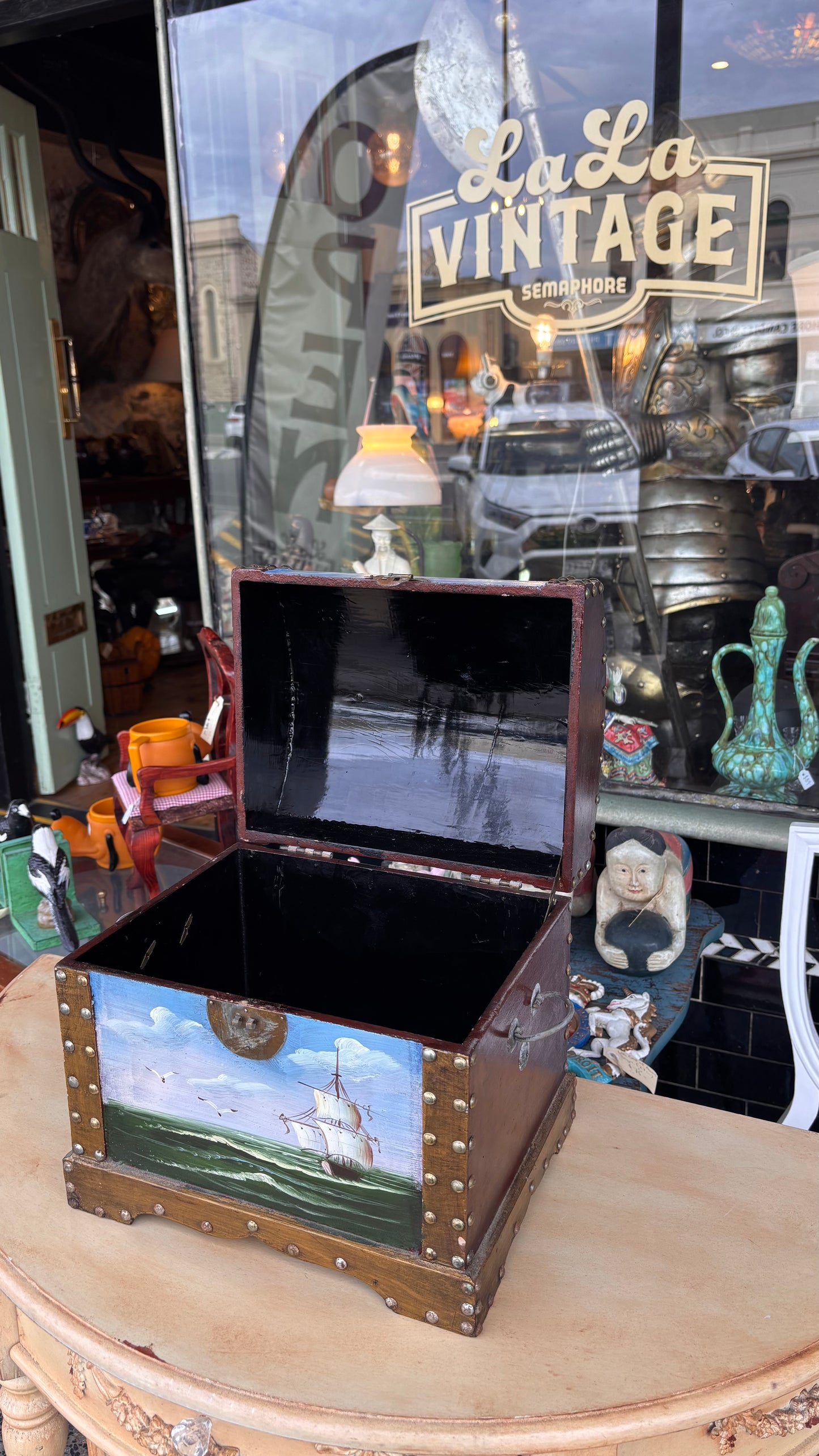 Mid-Century Hand-Painted Nautical Treasure Chest – Folk Art Style (c. 1960s–1980s)