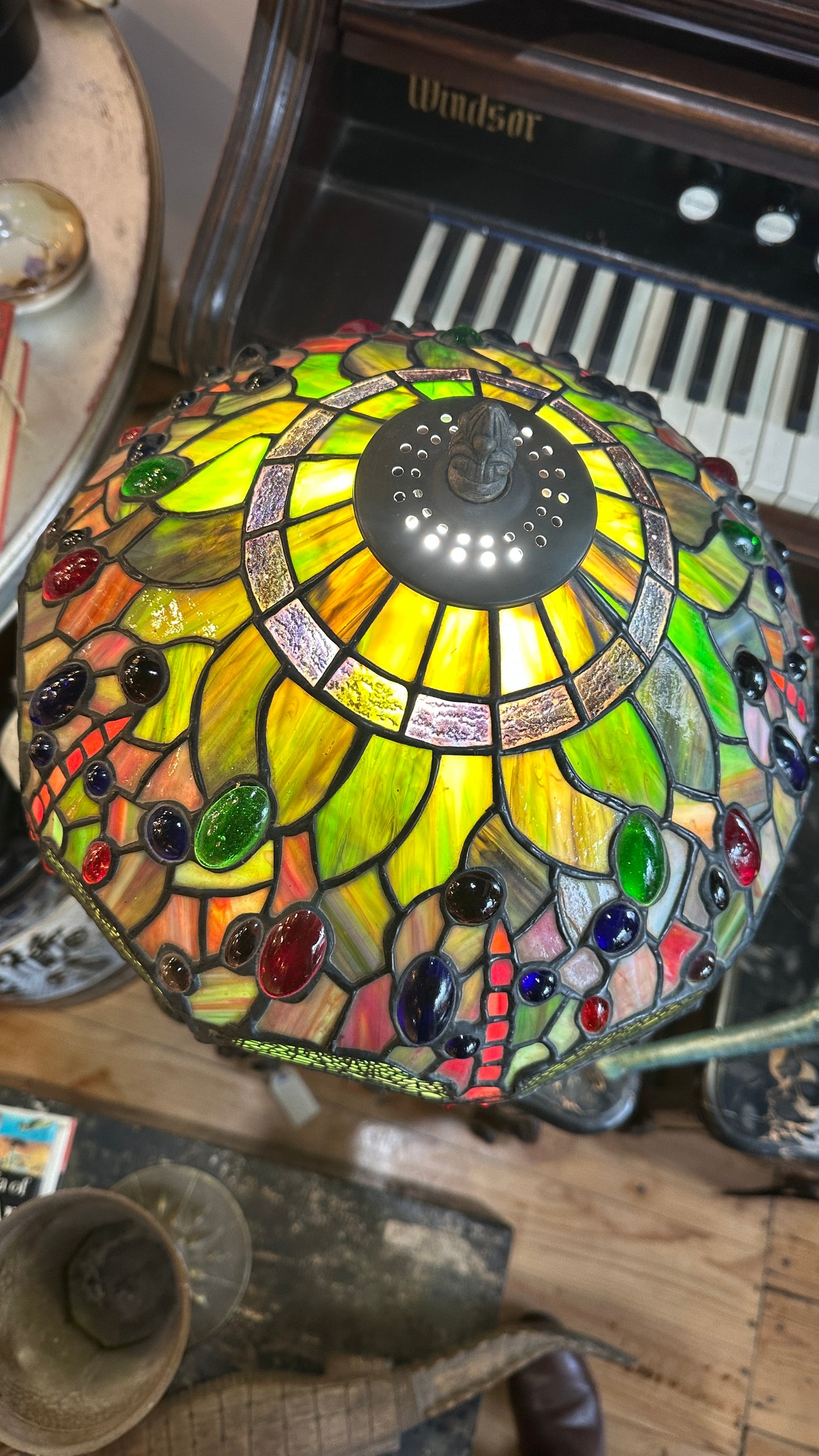 Tiffany-style Stained Glass Dragonfly table lamp with a bronze-colored base.