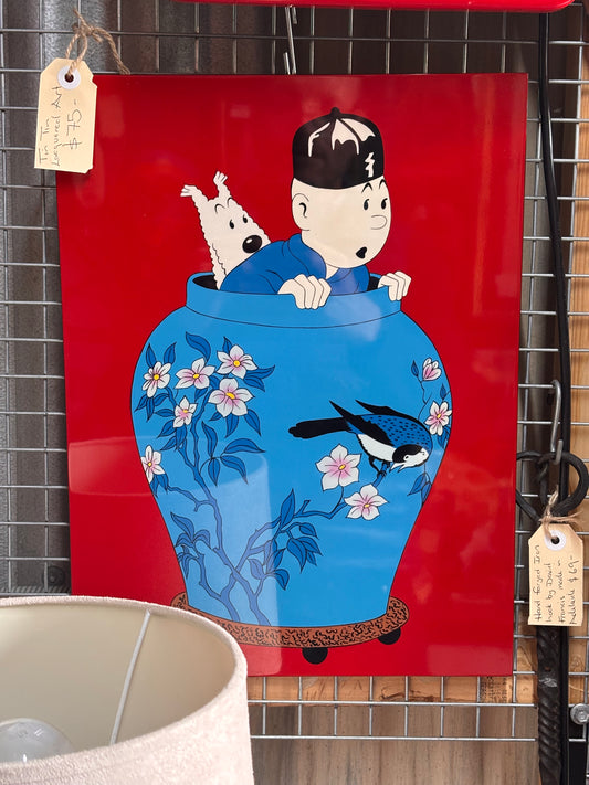 Tintin “The Blue Lotus” Lacquered Wooden Wall Panel – 40×30 cm Hergé Artwork