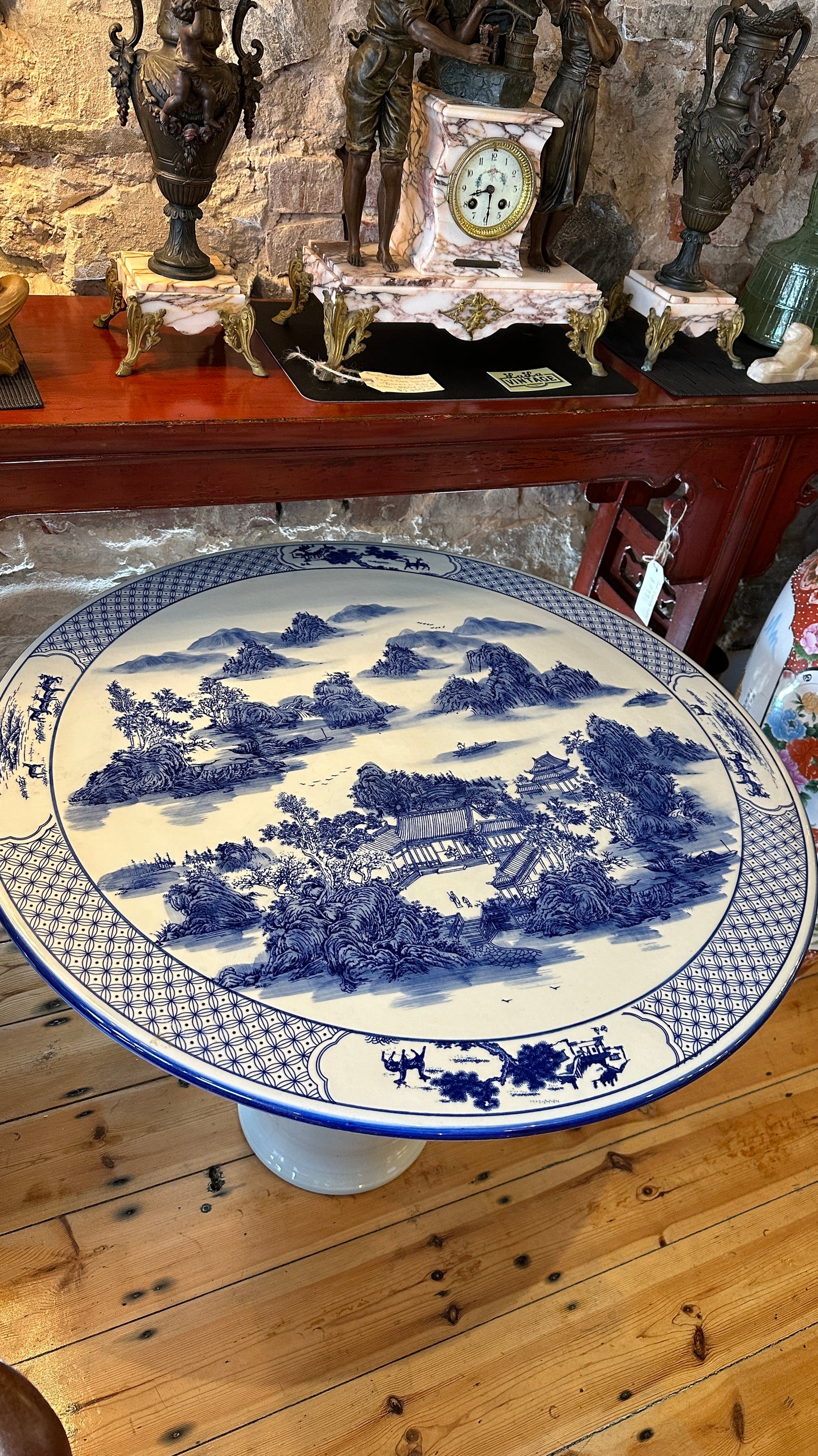 Chinese blue and white porcelain garden table with beautiful landscaped scene