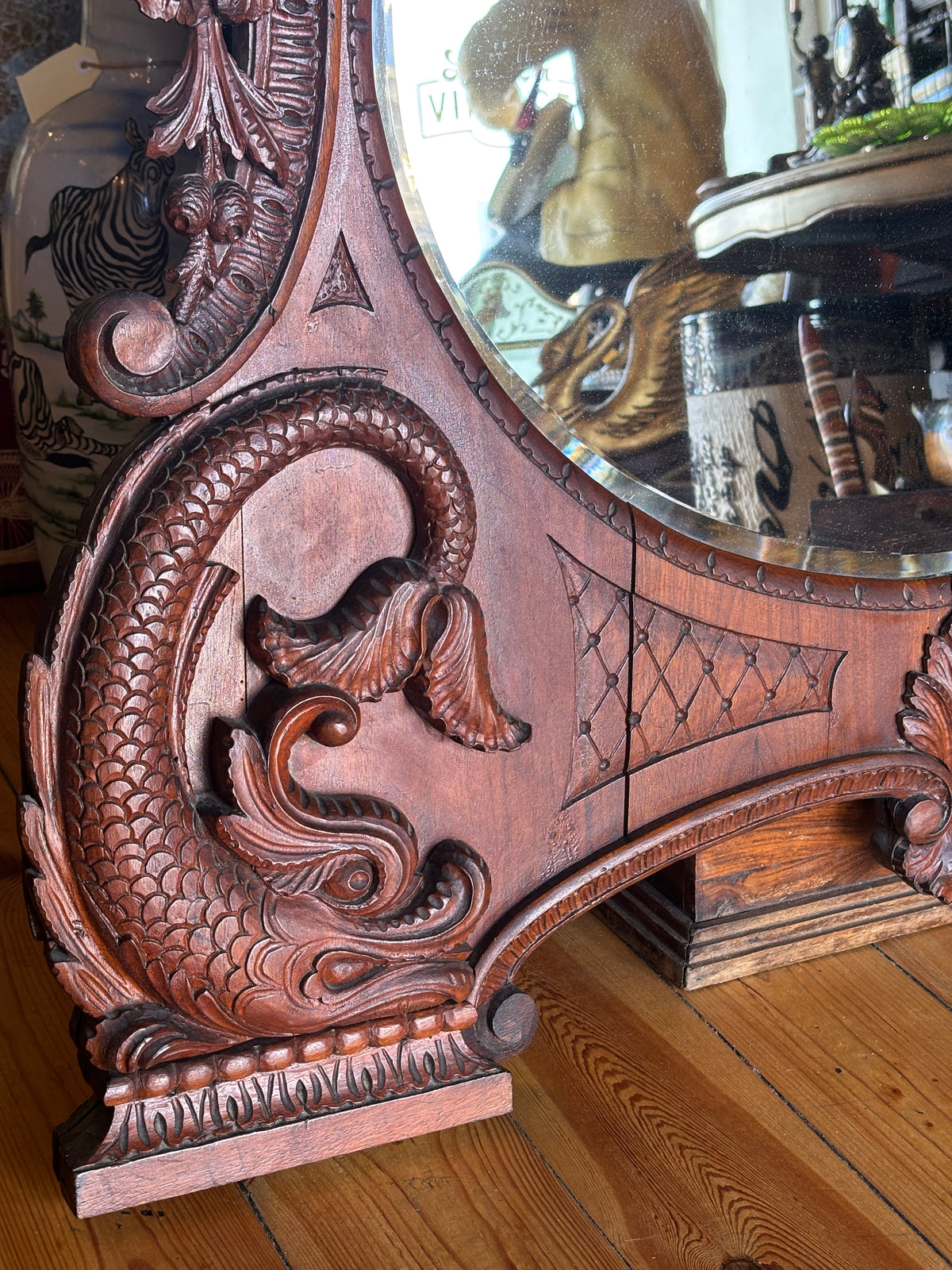 Antique Hand Carved Bird Mirror with Fish | Continental Baroque Revival c.1900 | 124cm