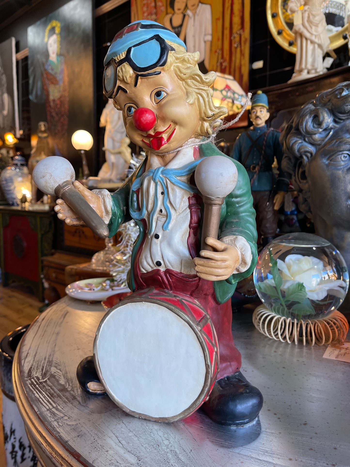 Large Vintage Clown Figurine with Drum and Mallets