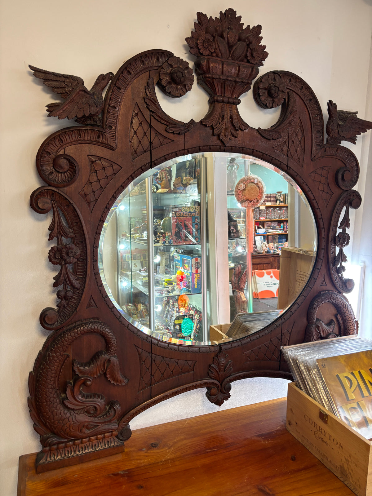 Antique Hand Carved Bird Mirror with Fish | Continental Baroque Revival c.1900 | 124cm
