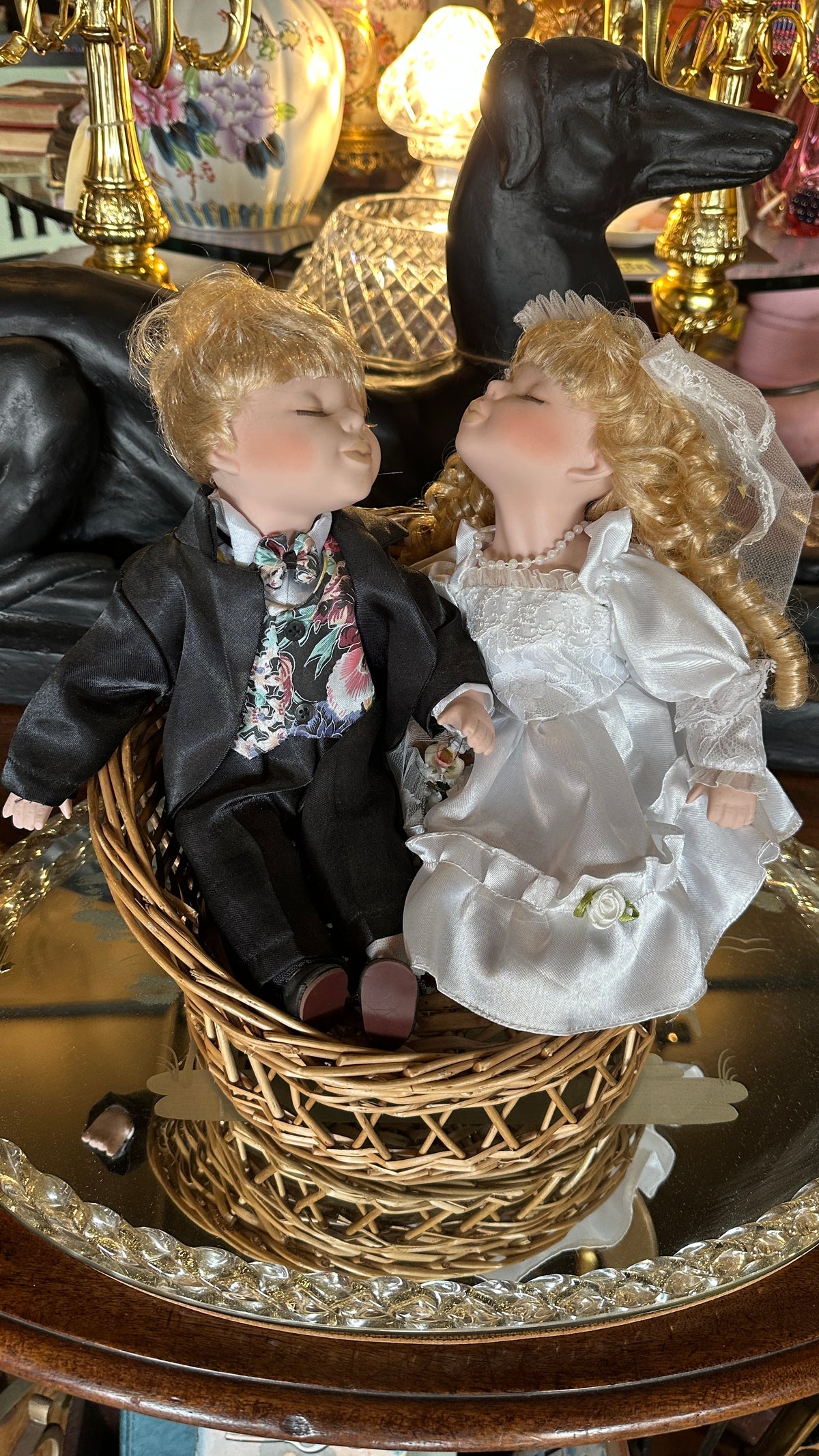 Bride and Groom, porcelain dolls in a basket