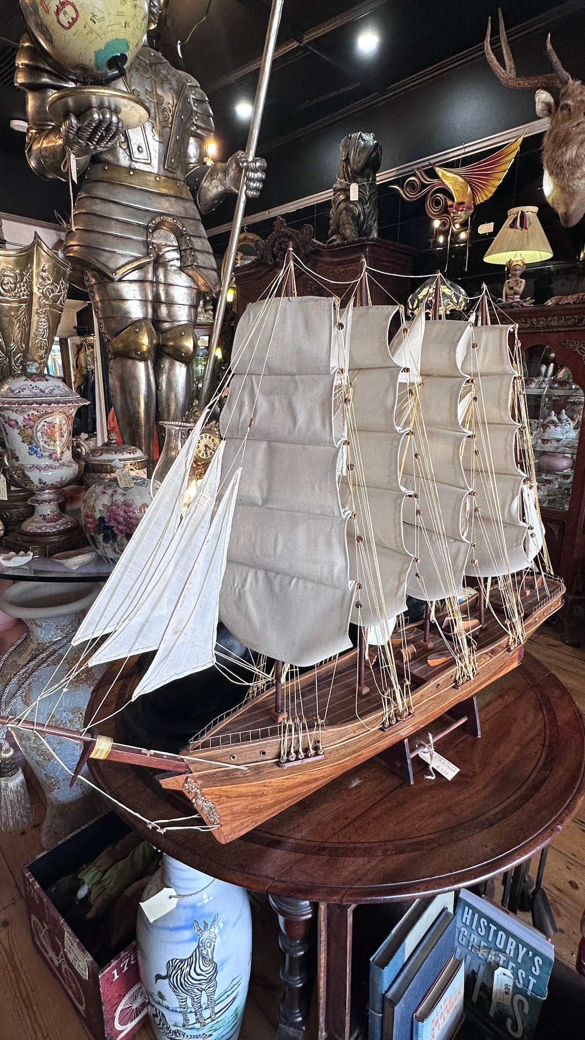 Vintage Five-Masted Barque Tall Ship Model – Large Hand-Built Hardwood Display Model with Cloth Sails, c.1970s–80s