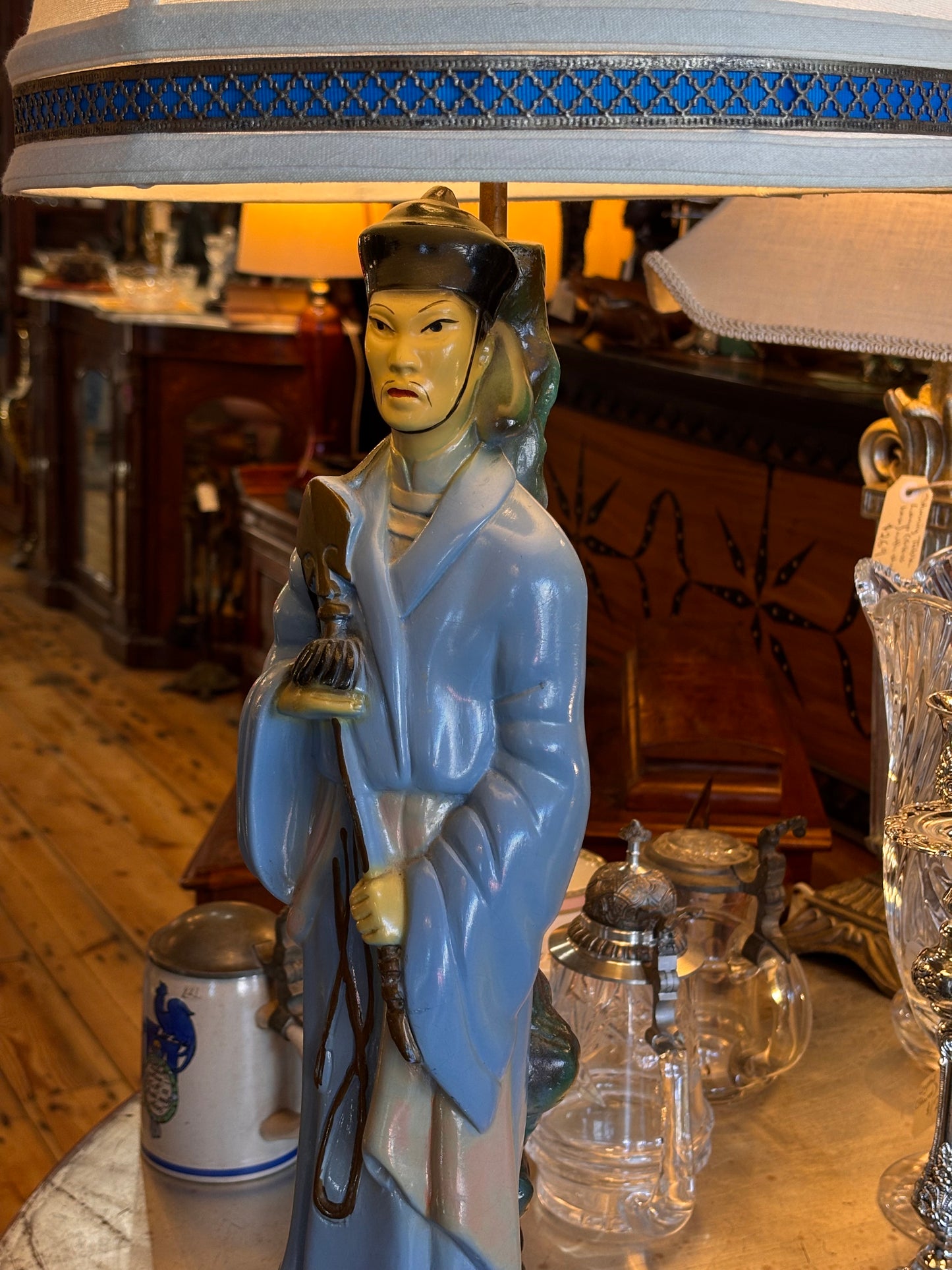 Mid-Century Asian Figural Lamp with Custom Blue Shade – 1950s Orientalist Decor (80cm)