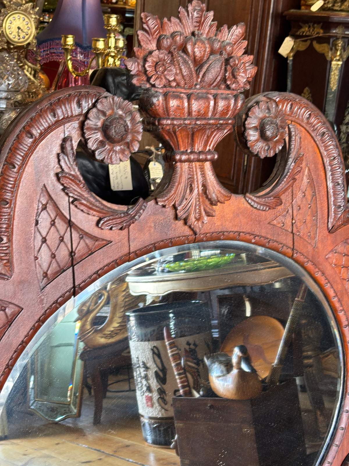 Antique Hand Carved Bird Mirror with Fish | Continental Baroque Revival c.1900 | 124cm