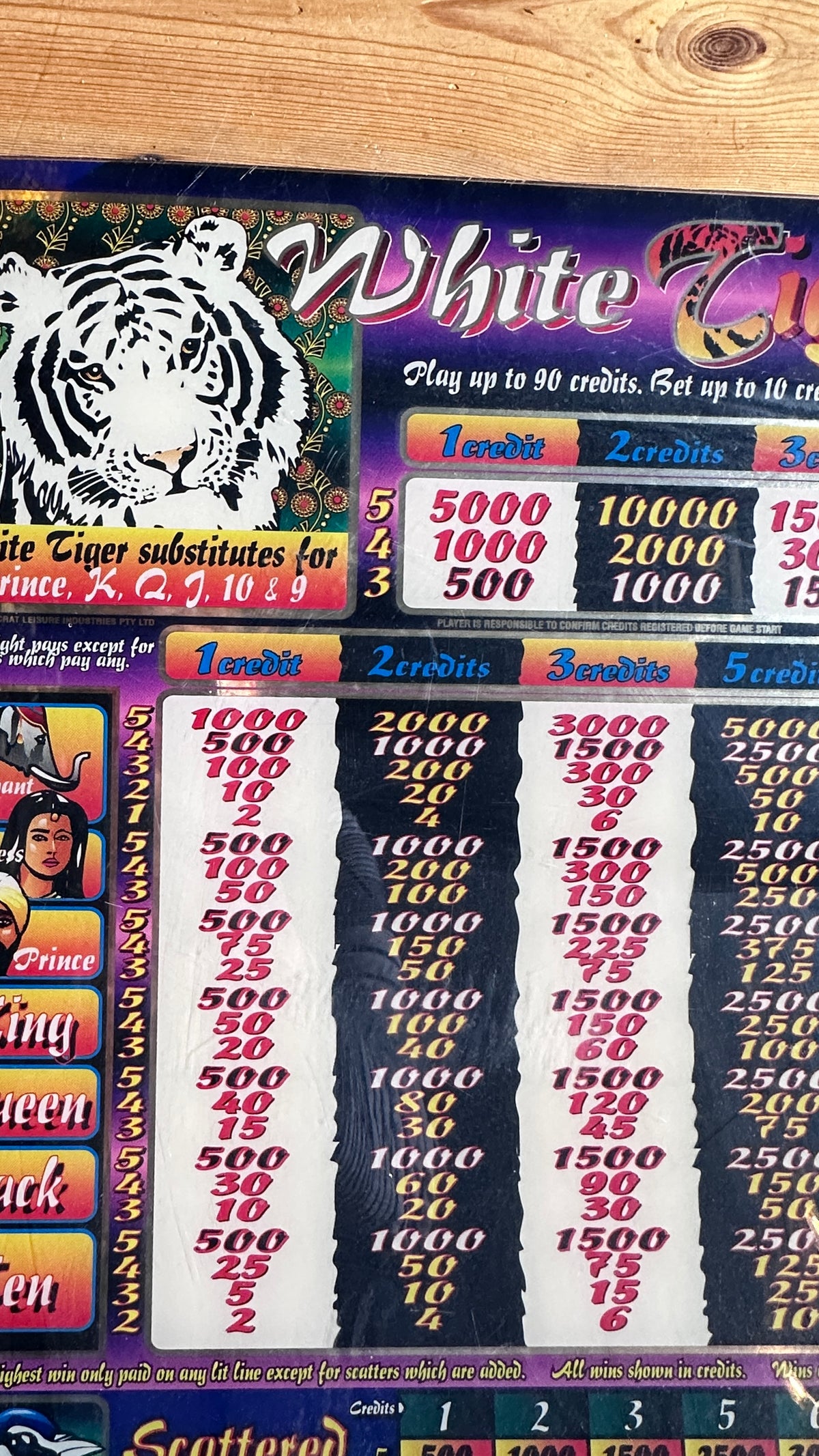 Vintage Aristocrat "White Tiger" 9-Liner Slot Machine Glass Paytable Panel Art (56cm x 50cm)