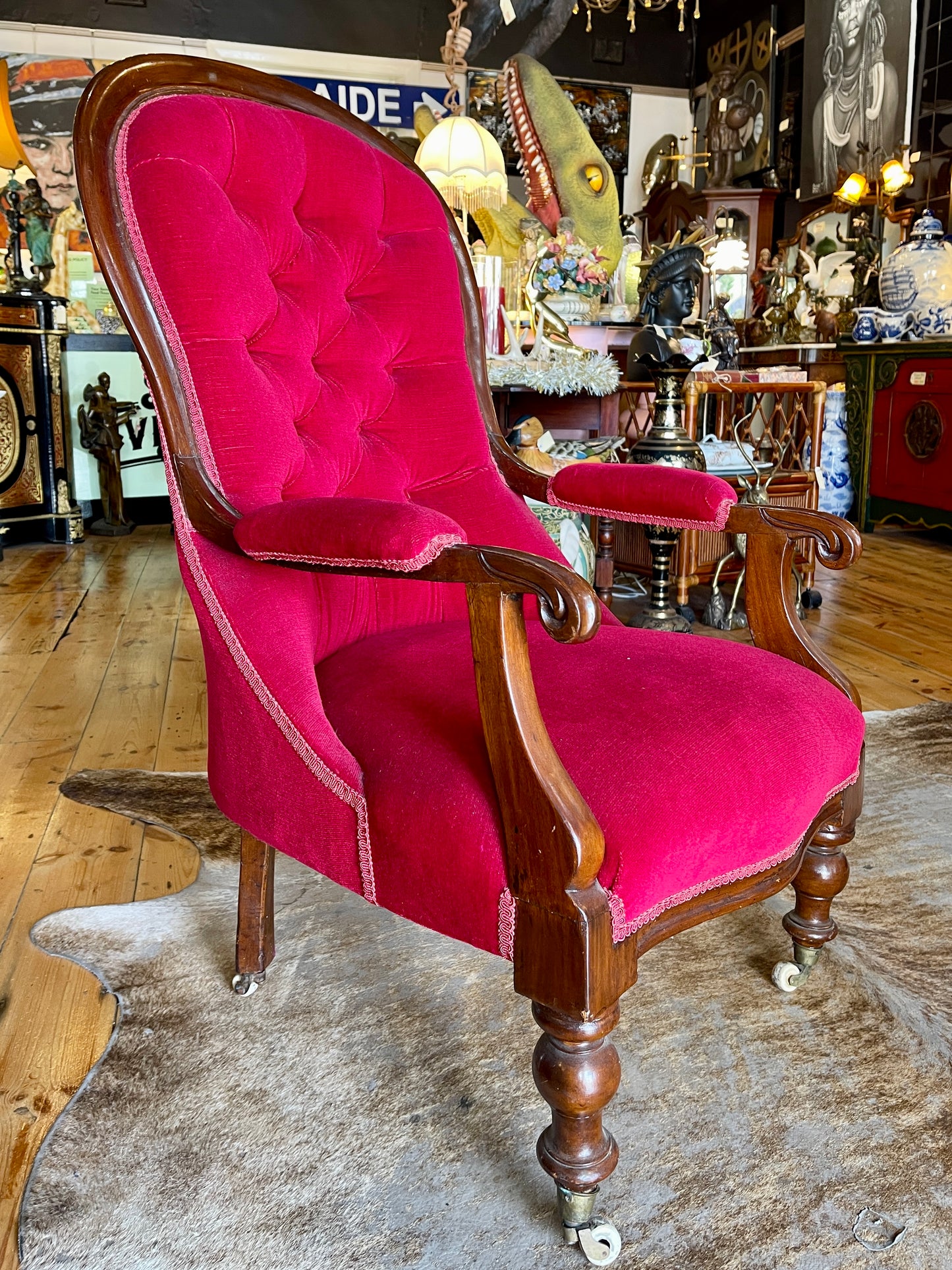 Victorian-Style Ruby Red Upholstered Armchair with Castor Wheels