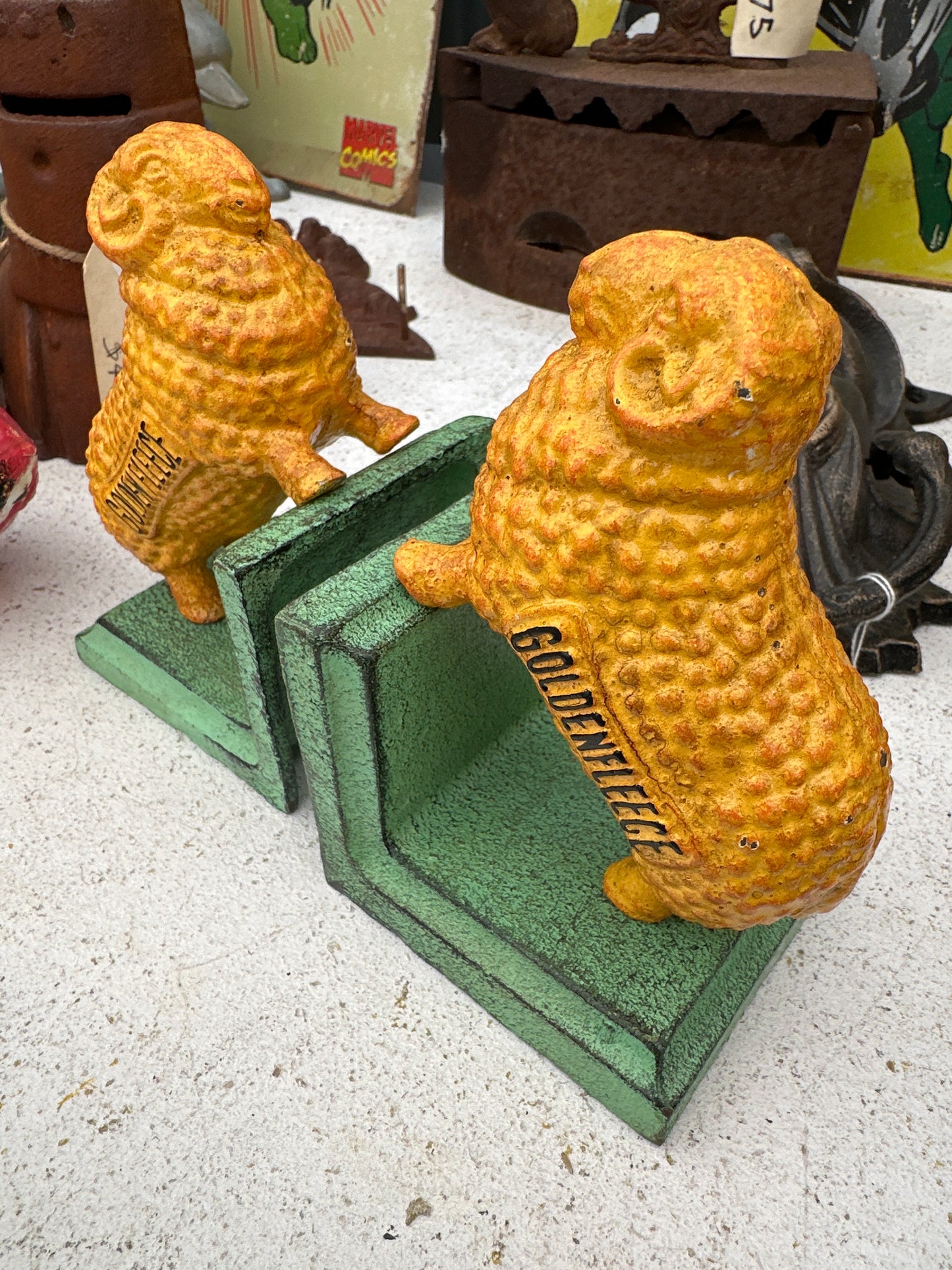 Cast Iron Golden Fleece Bookends with Green Base