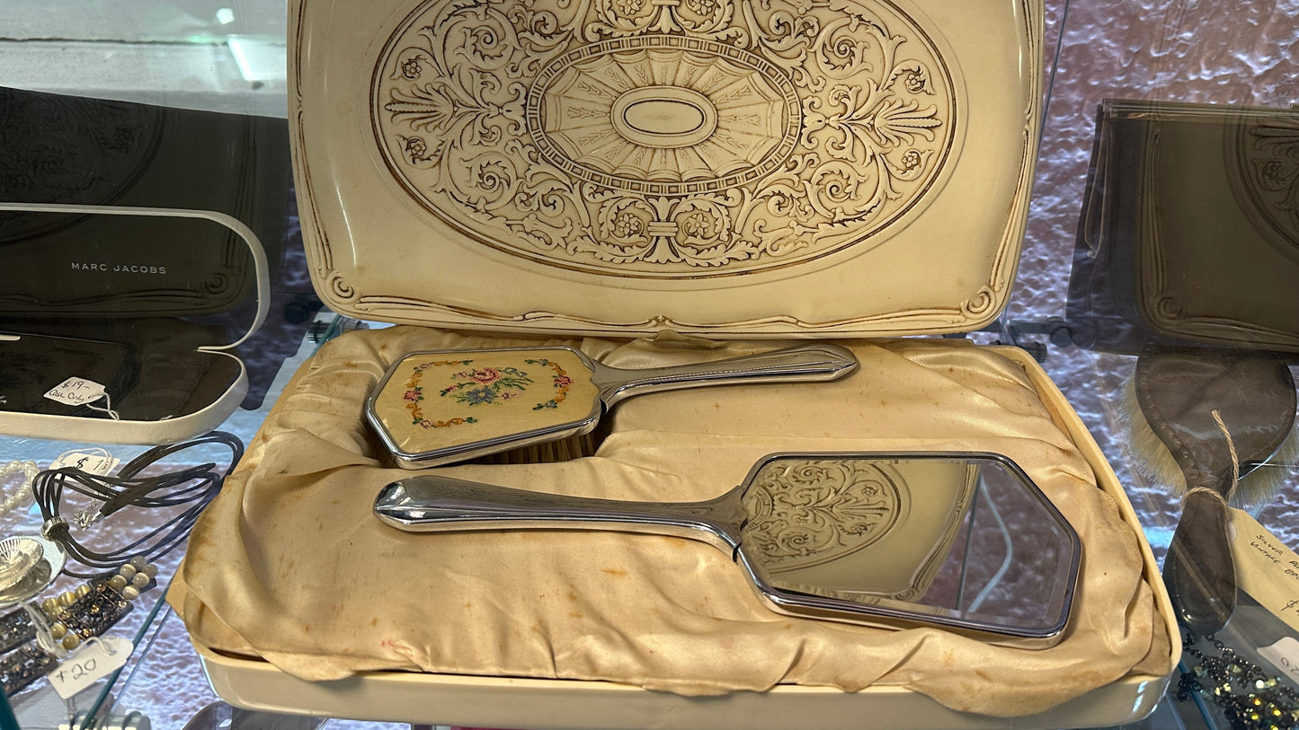 Vintage Vanity Set, with Hairbrush and Hand Mirror
