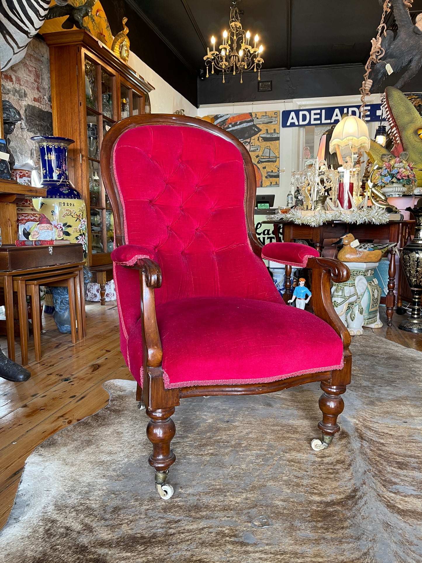 Victorian-Style Ruby Red Upholstered Armchair with Castor Wheels