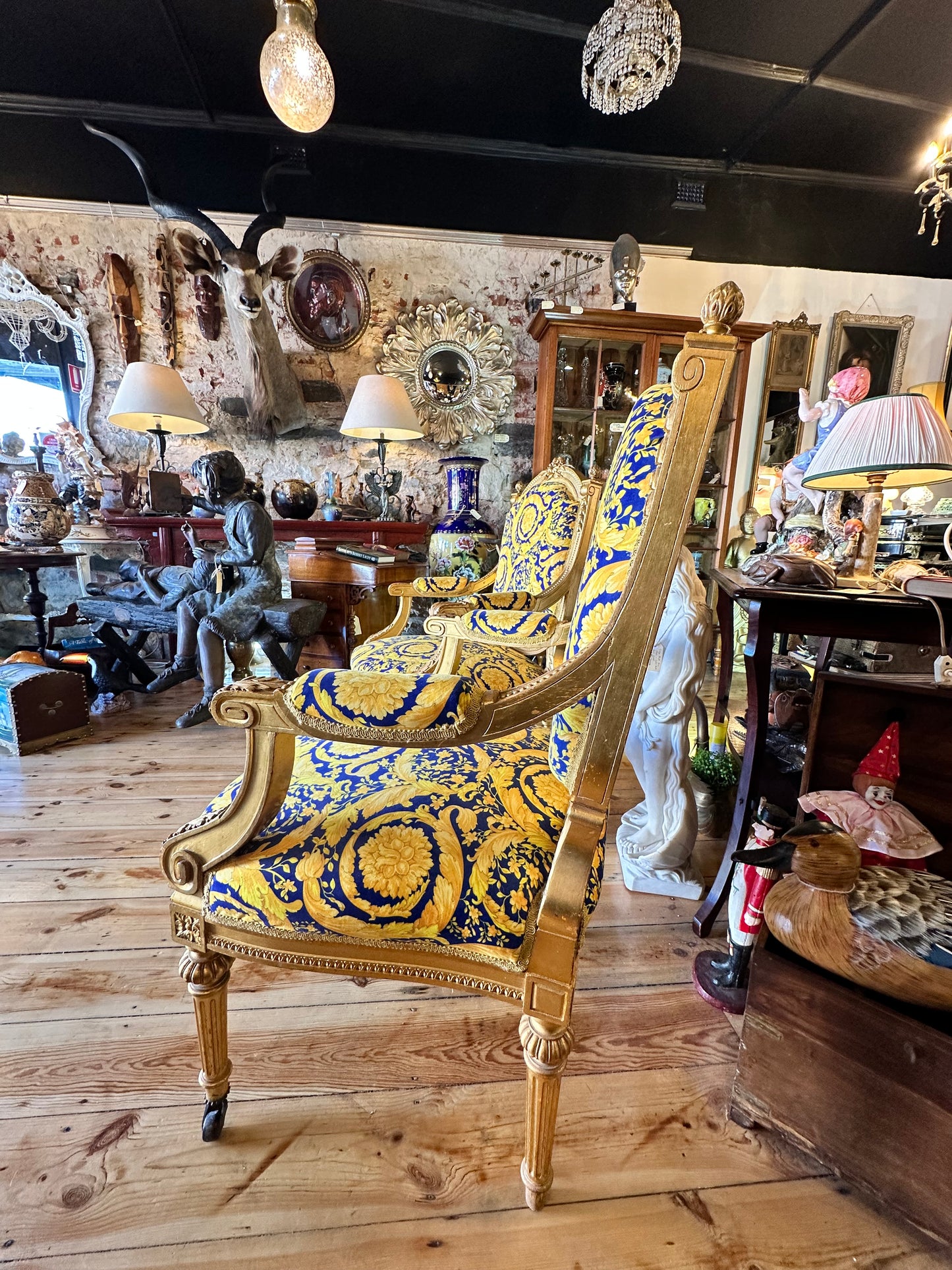Louis XVI Carved Gilt Framed Armchairs Upholstered with Versace Fabric - Sold Separately