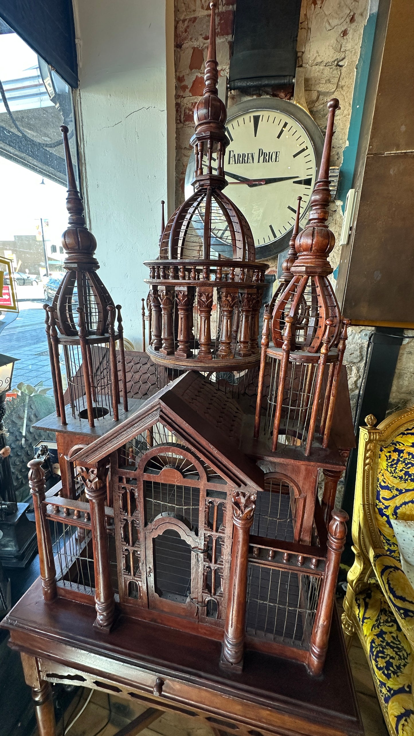 Monumental Mahogany Cathedral Birdcage, 70x70x190cm