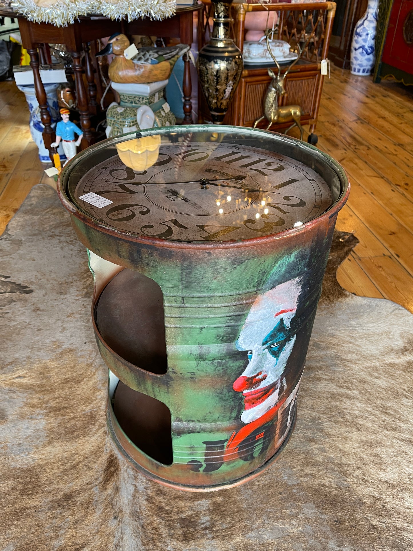 ‘The Joker’ Original Artwork Barrel Side Table with Glass Clock Top