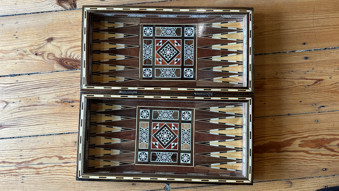 Vintage Syrian/Egyptian mosaic marquetry chess and backgammon board featuring intricate inlaid mother-of-pearl