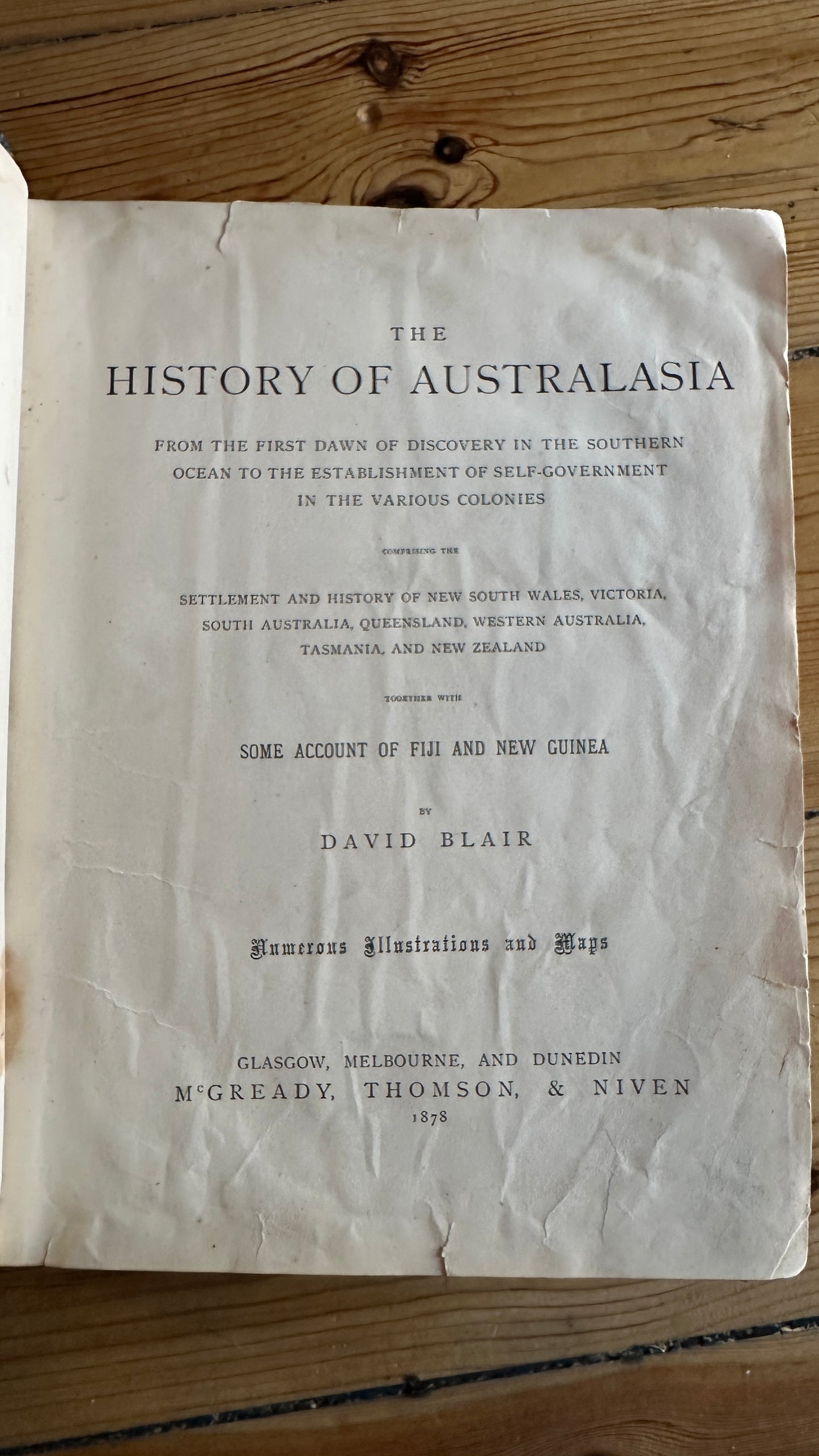 Antique leather-bound 1878 edition of The History of Australasia by David Blair, published by McGready, Thomson & Niven