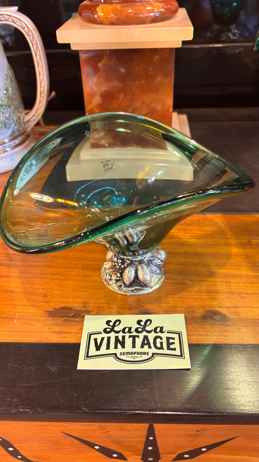 Vintage Italian Green Crystal Pedestal Bowl – Cristalli d’Oggi – Ornate Silver Fruit Base – 23cm