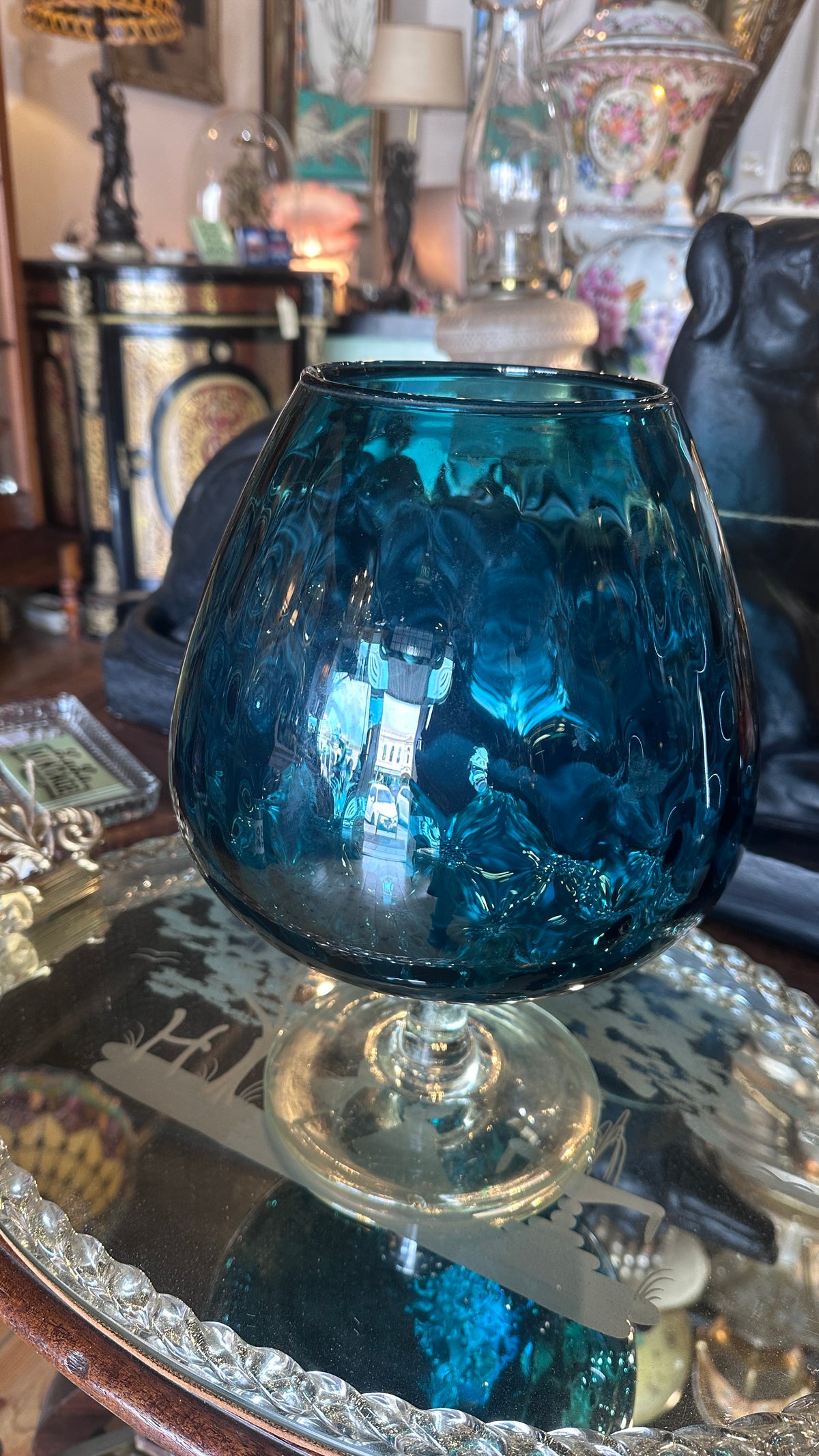 Mid Century Modern Italian Teal Blue Blown Glass Brandy Balloon Goblet Pedestal Vase