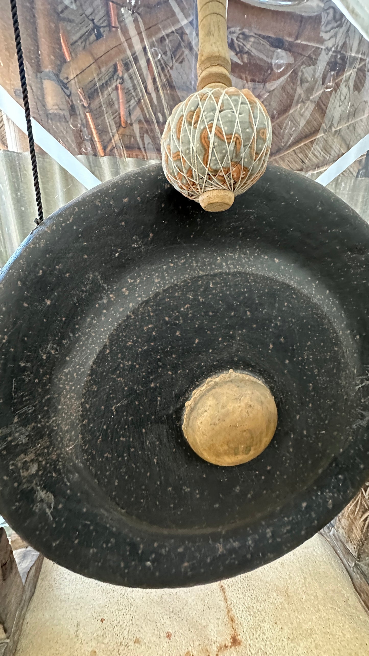 Large Ornate Carved Dinner Gong with Stand